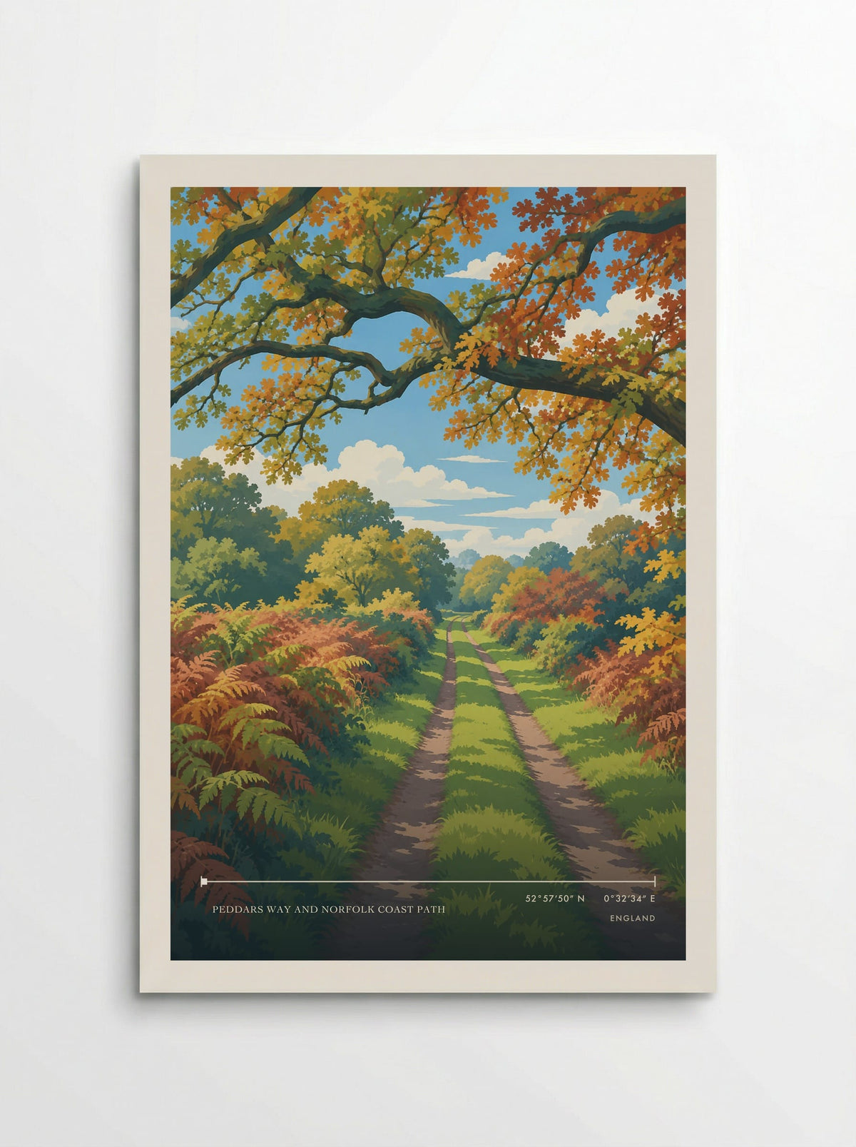 Peddars Way and Norfolk Coast Path travel poster: a grassy twin-track lane, copper bracken and a broad canopy of gold oak leaves