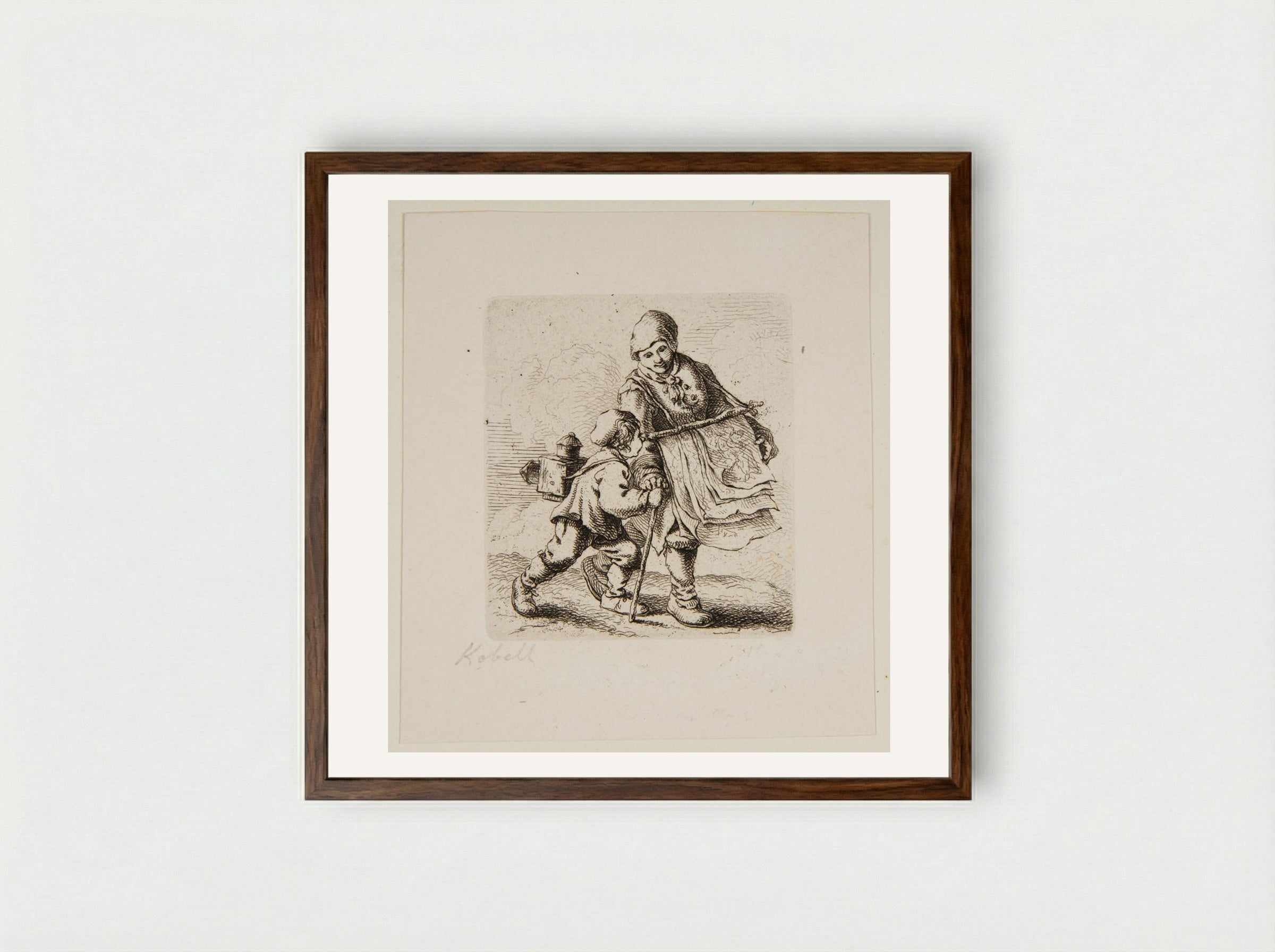 Peddler and a Boy with a Magic-Lantern - Ferdinand Kobell - Framed Print Dark Wood