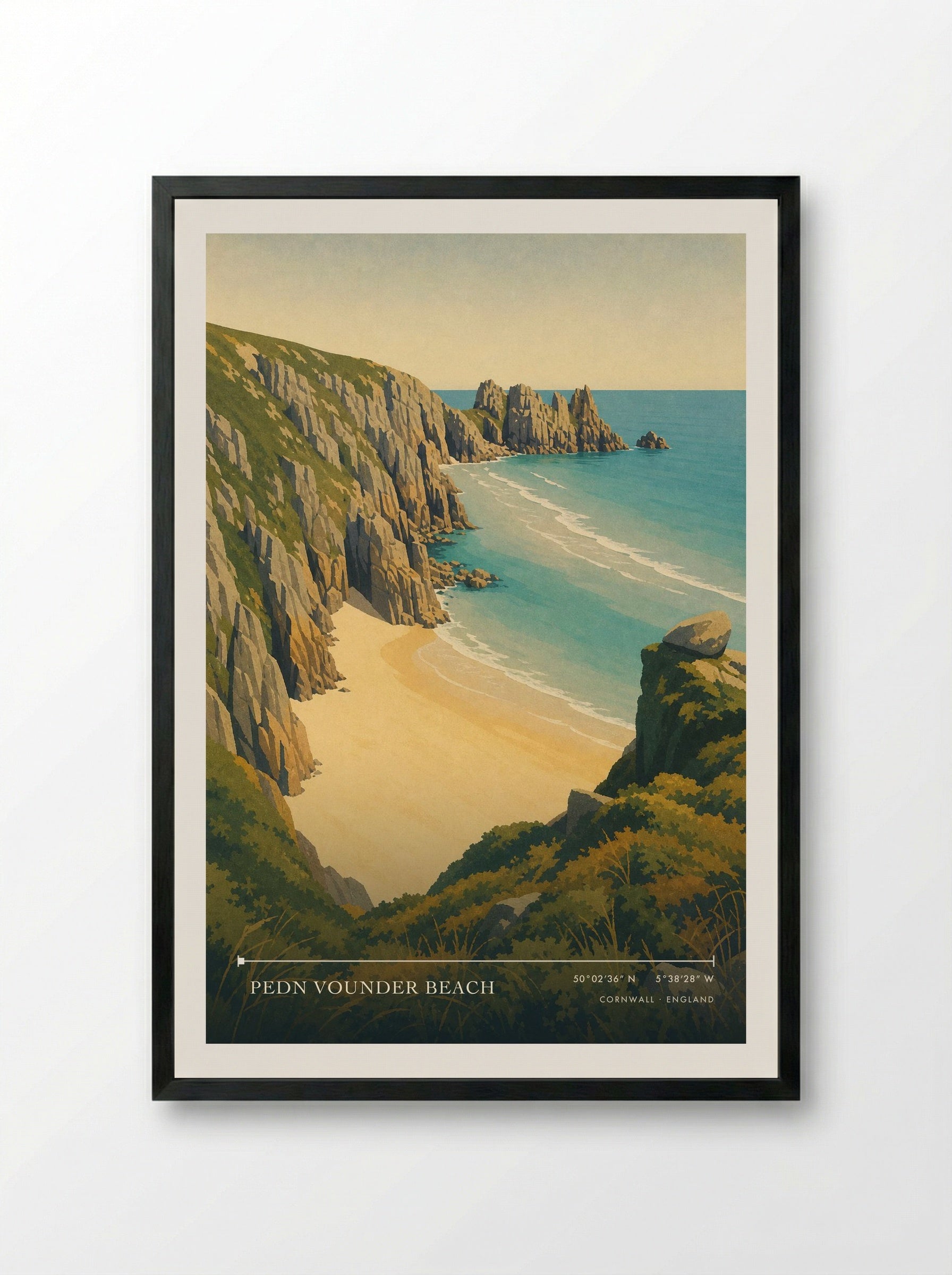 Pedn Vounder Beach Cornwall England Travel Poster - Framed Print Black