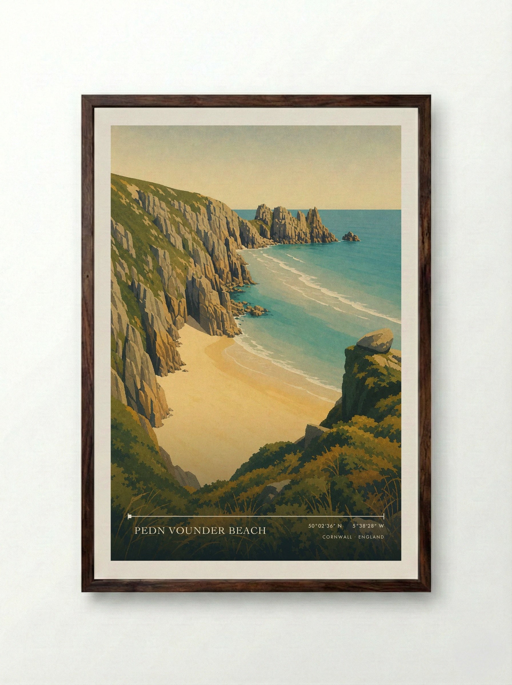 Pedn Vounder Beach Cornwall England Travel Poster - Framed Print Dark Wood