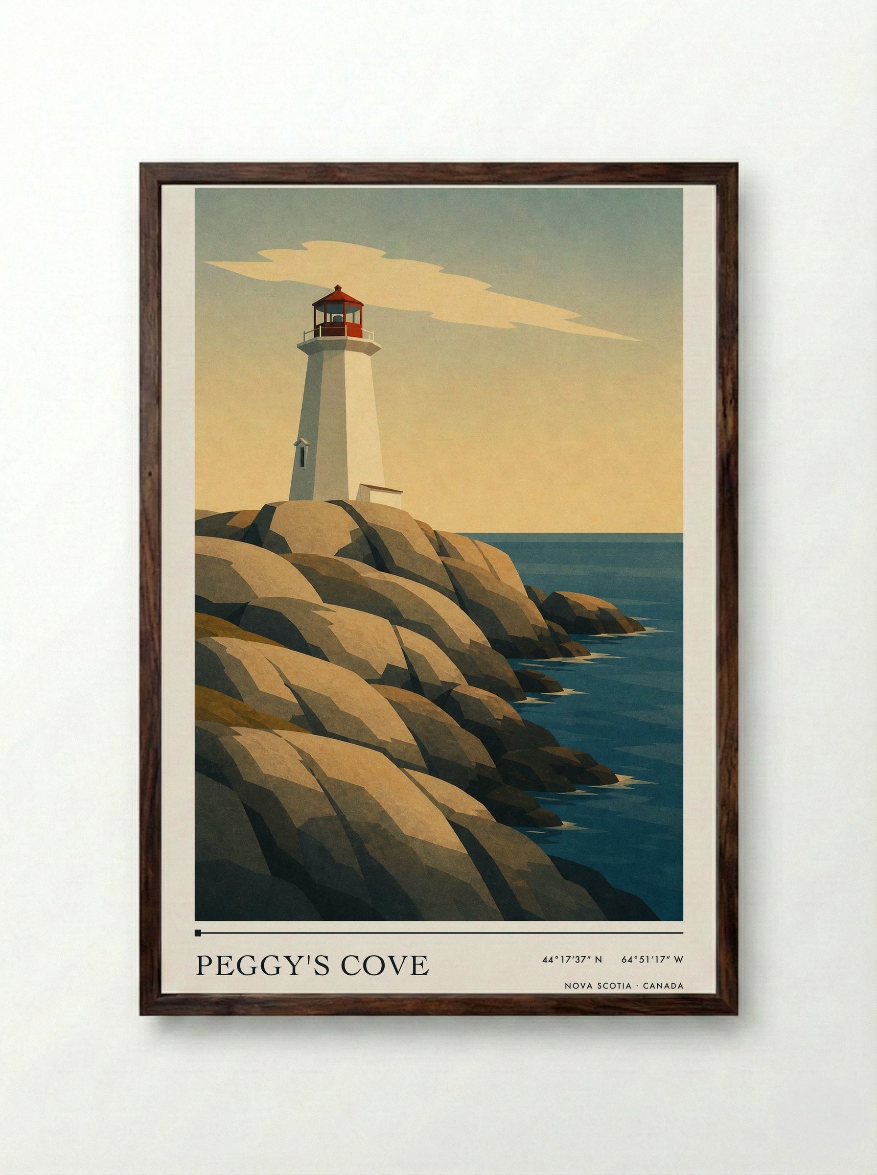Peggy's Cove Travel Poster Artwork - Framed Print Dark Wood