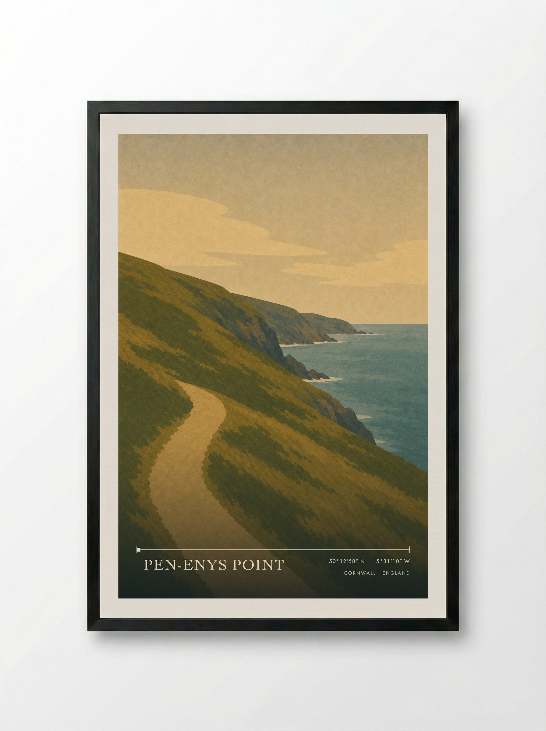 Pen-Enys Point Cornwall England Travel Poster - Framed Print Black