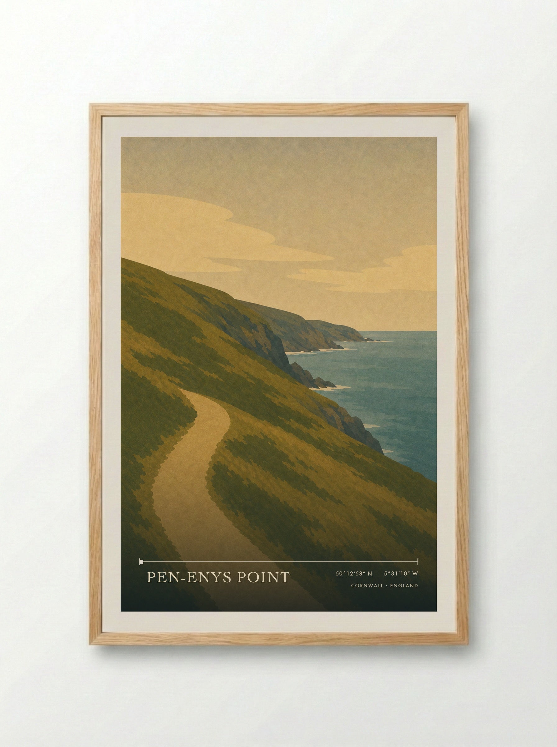 Pen-Enys Point Cornwall England Travel Poster - Framed Print Wood