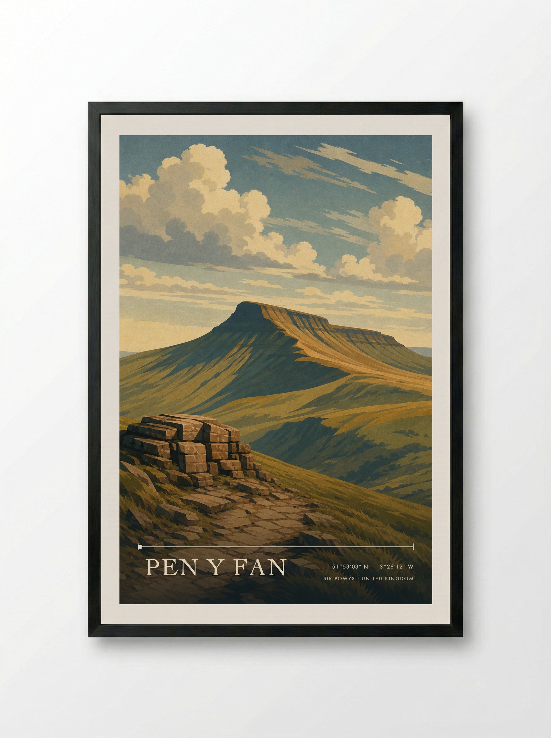 Pen y Fan Sir Powys United Kingdom Travel Poster - Framed Print Black