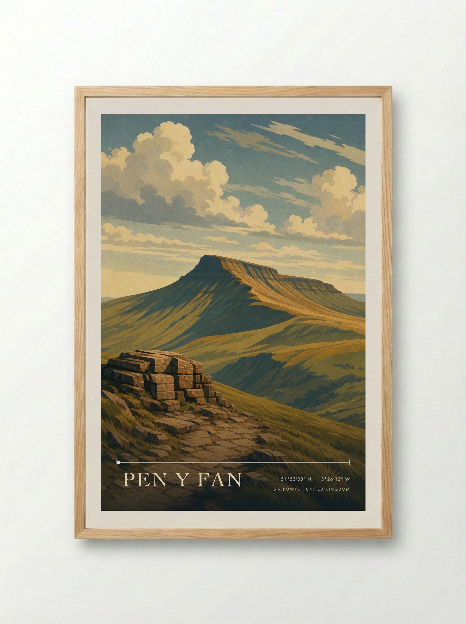 Pen y Fan Sir Powys United Kingdom Travel Poster - Framed Print Wood