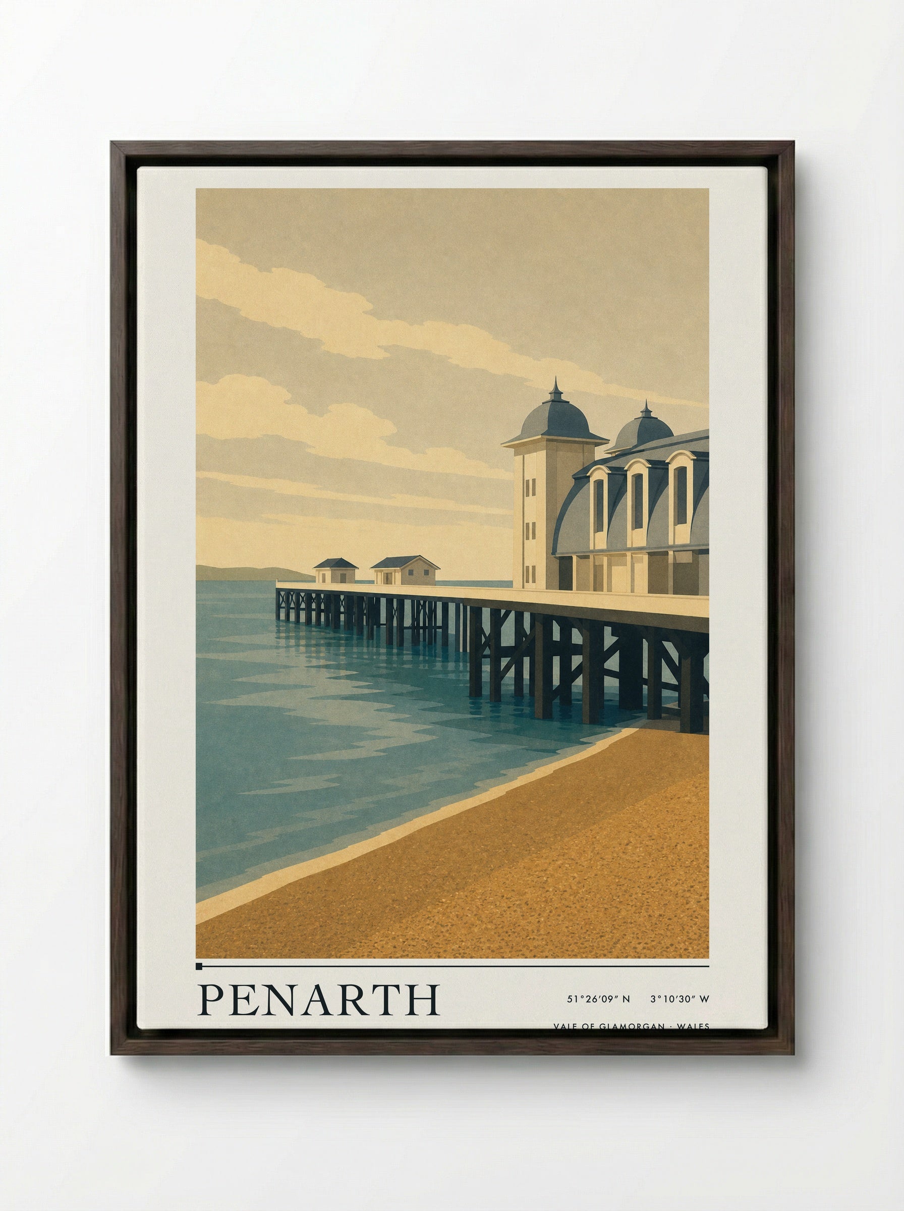 Penarth Travel Poster - Framed Canvas Dark Wood