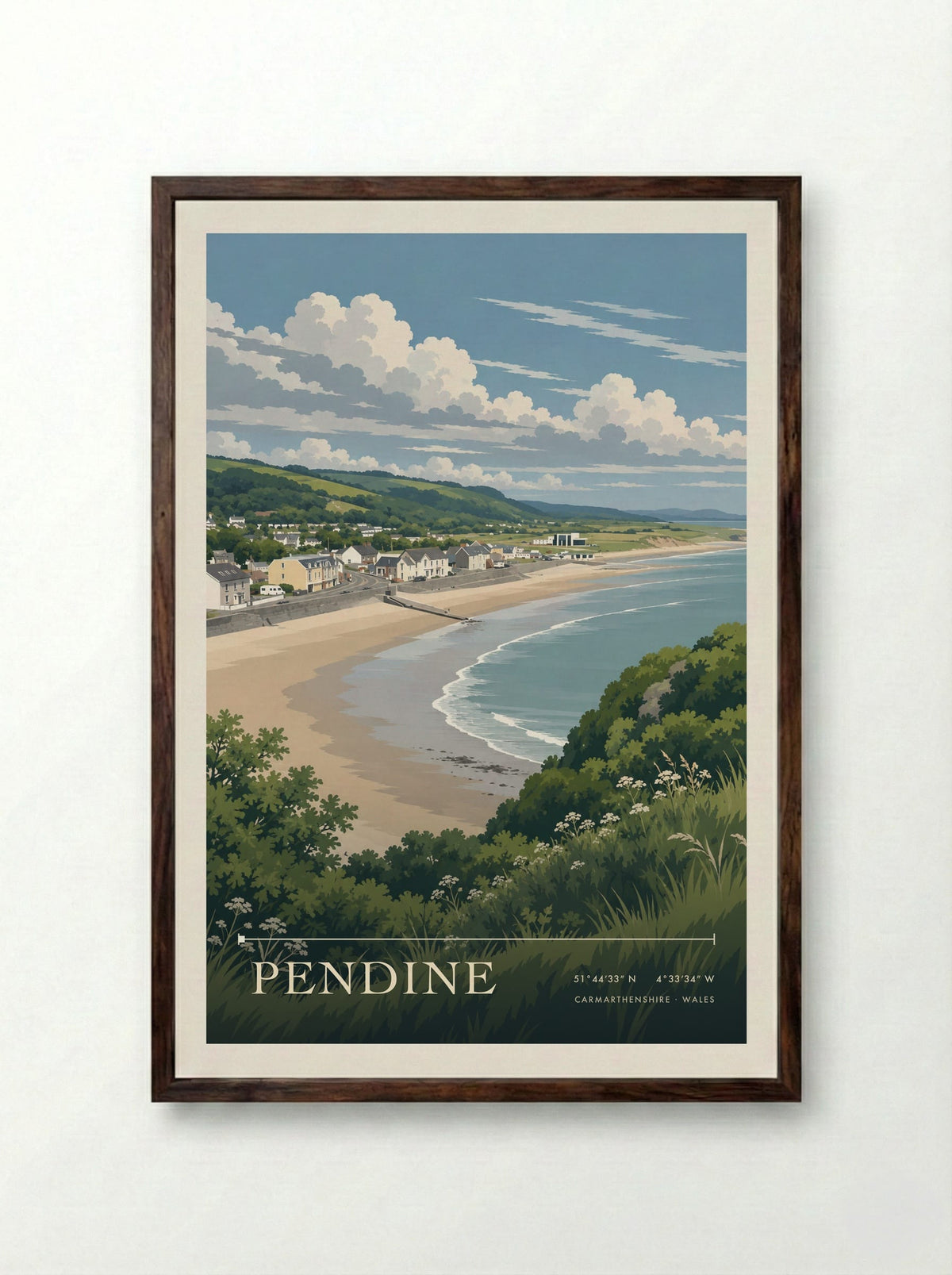 Pendine, Carmarthenshire | Travel Poster - Framed Print Dark Wood