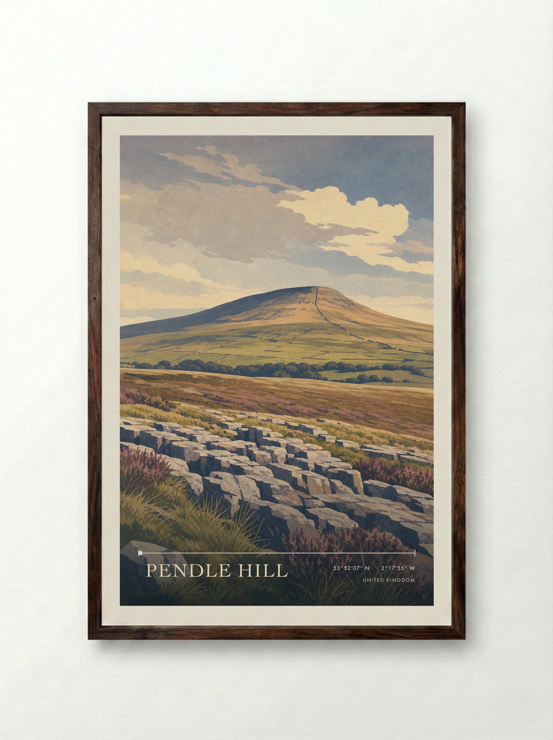 Pendle Hill United Kingdom Travel Poster - Framed Print Dark Wood