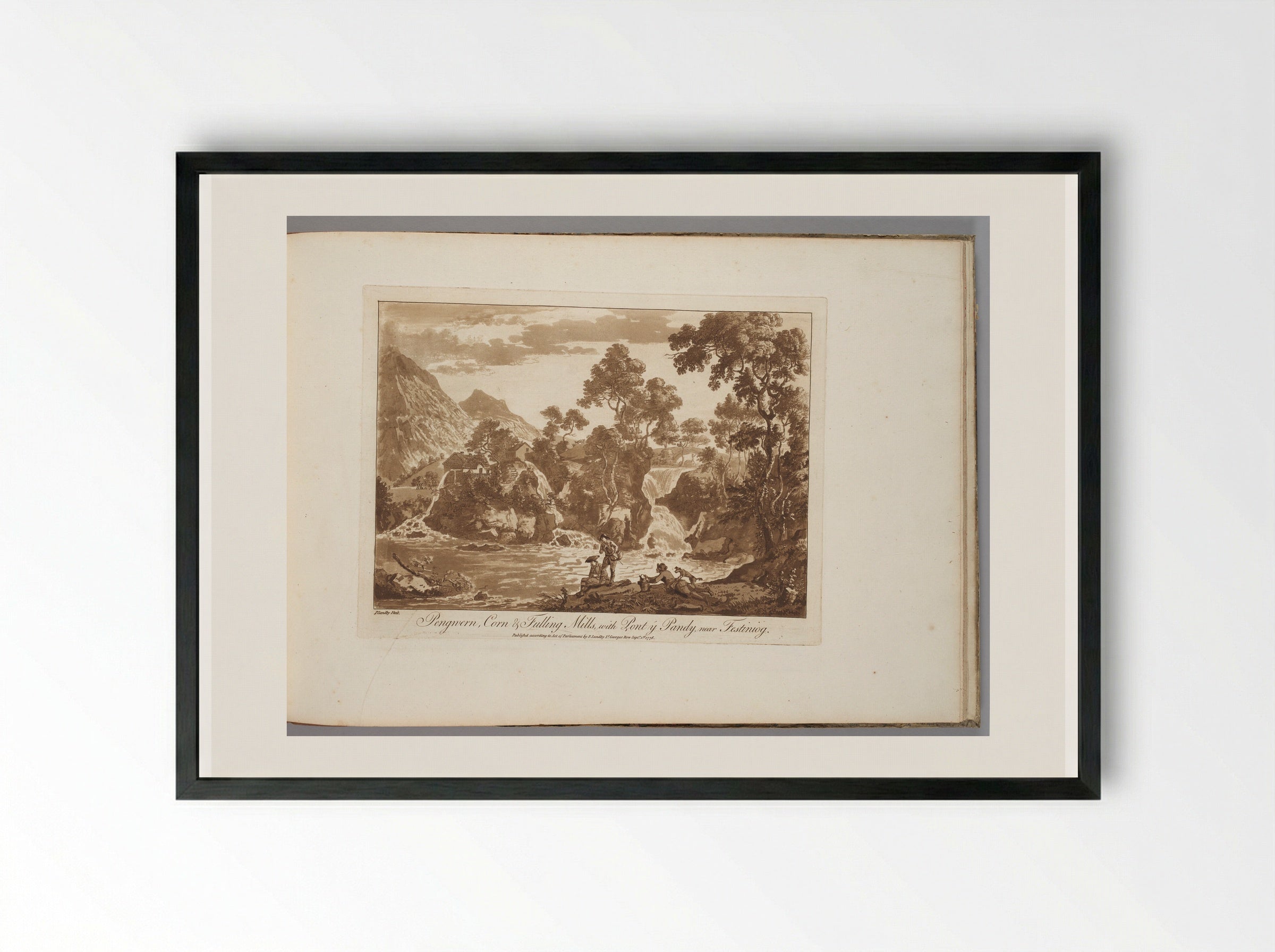 Pengwern, Corn & Fulling Mills, with Pont y Pandy, near Festiniog - Paul Sandby - Framed Print Black