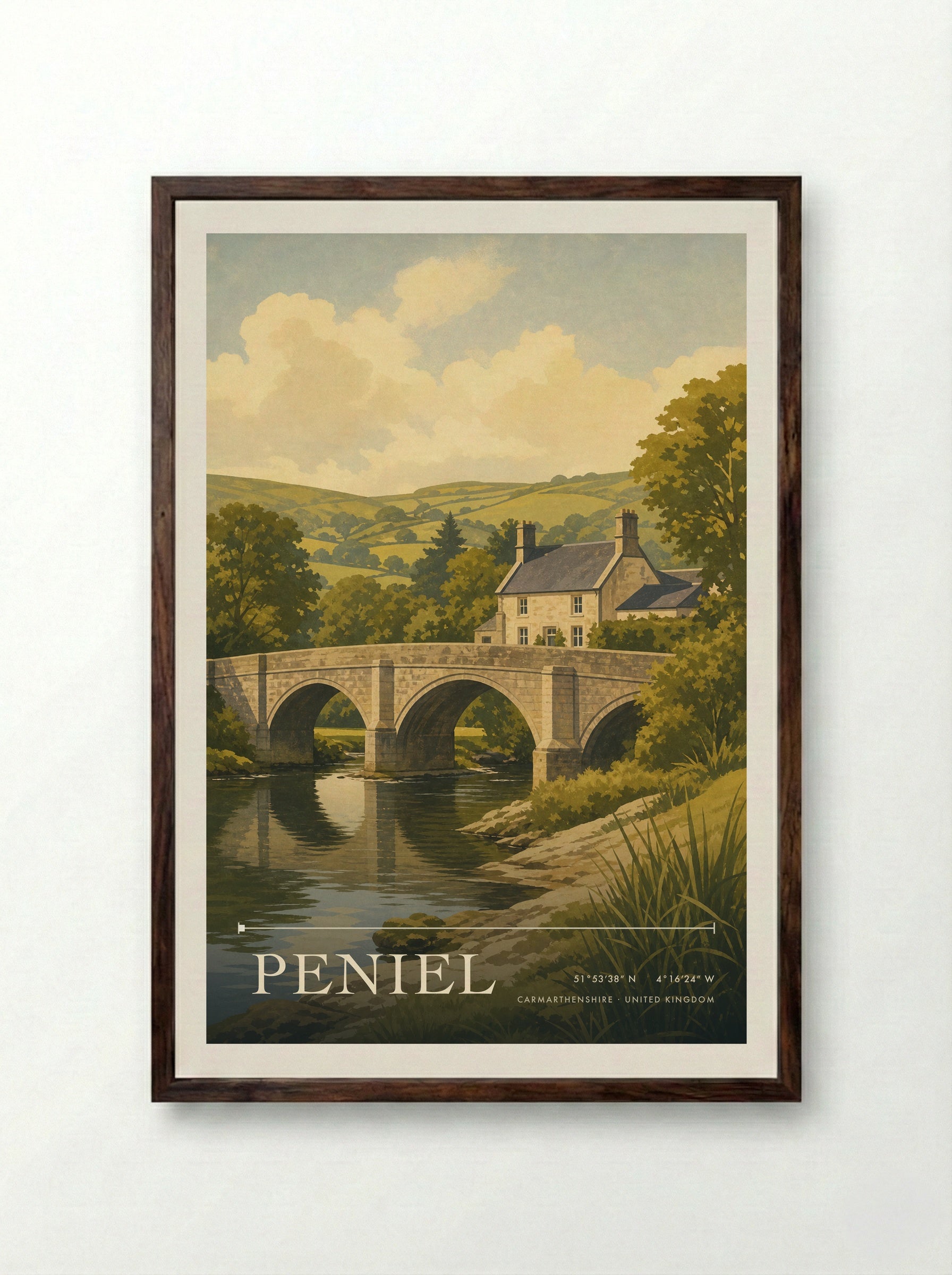 Peniel Carmarthenshire United Kingdom Travel Poster - Framed Print Dark Wood