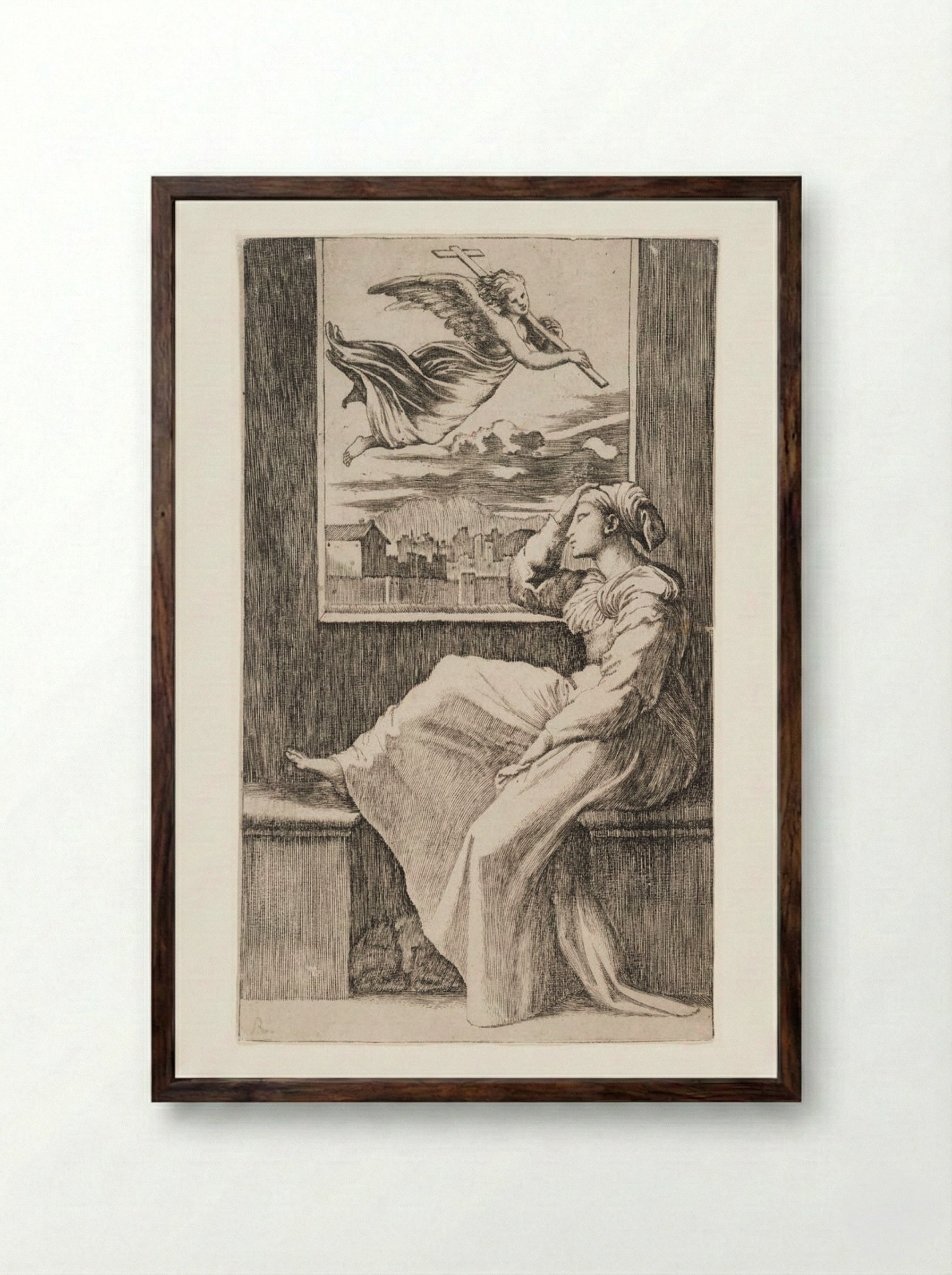 Pensive Woman - Marcantonio Raimondi - Framed Print Dark Wood