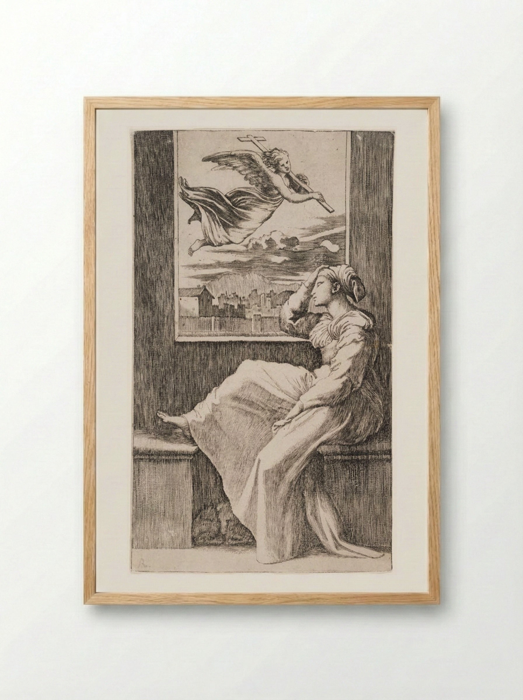 Pensive Woman - Marcantonio Raimondi - Framed Print Wood