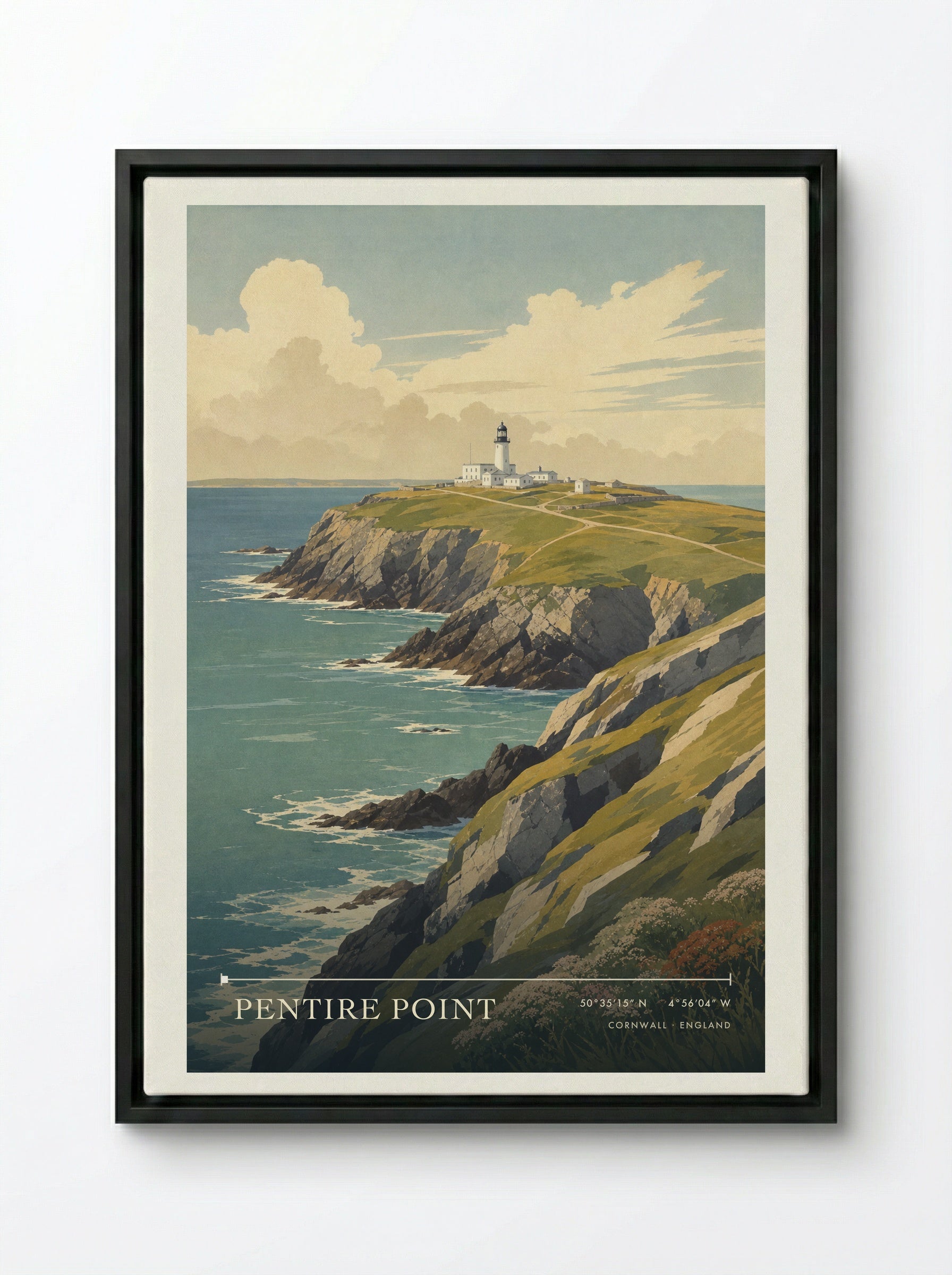 Pentire Point Cornwall England Travel Poster - Framed Canvas Black