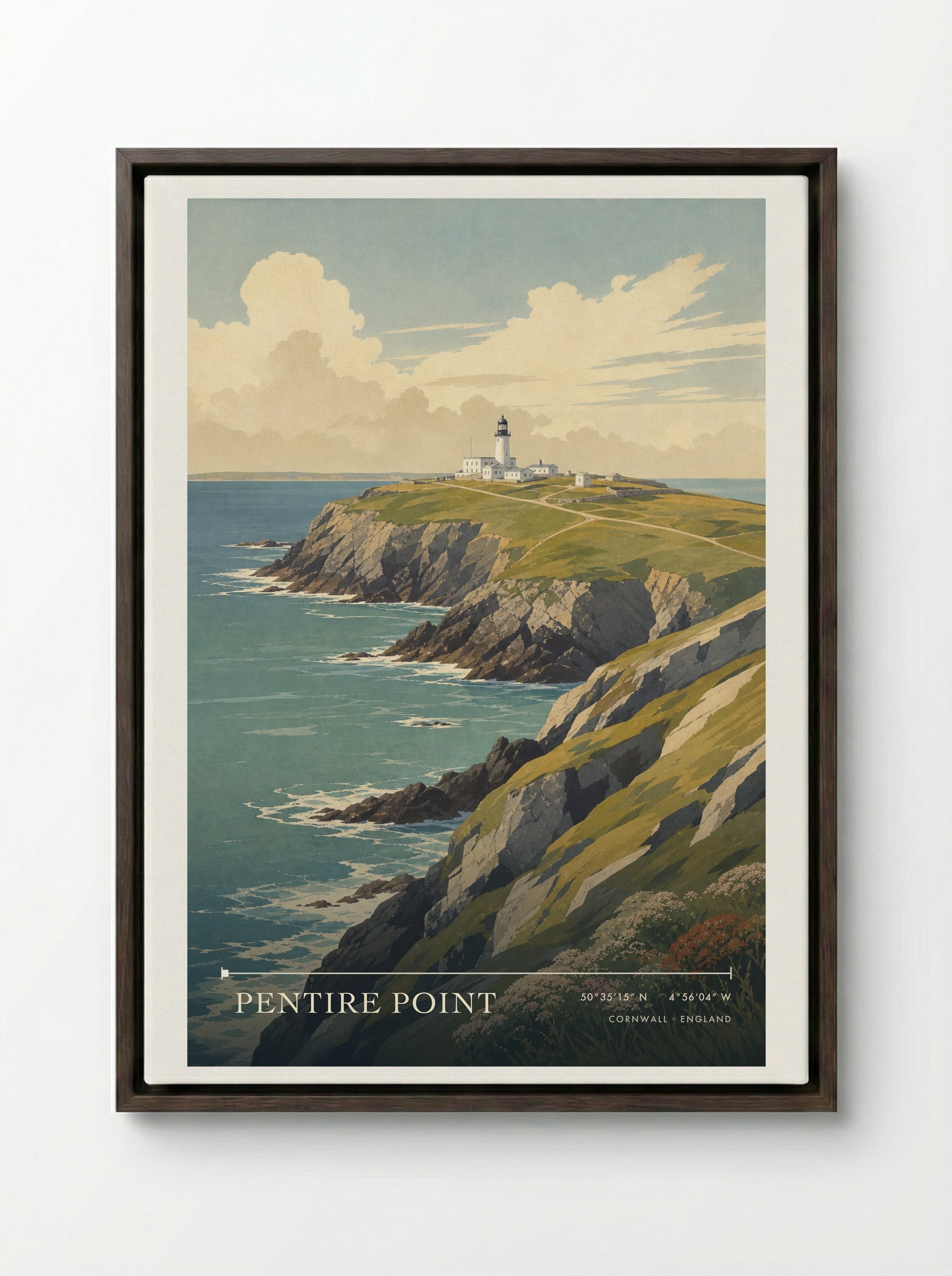 Pentire Point Cornwall England Travel Poster - Framed Canvas Dark Wood