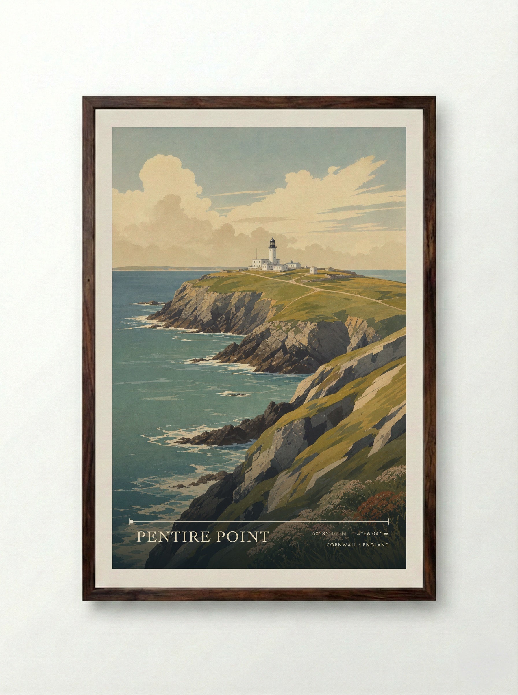 Pentire Point Cornwall England Travel Poster - Framed Print Dark Wood