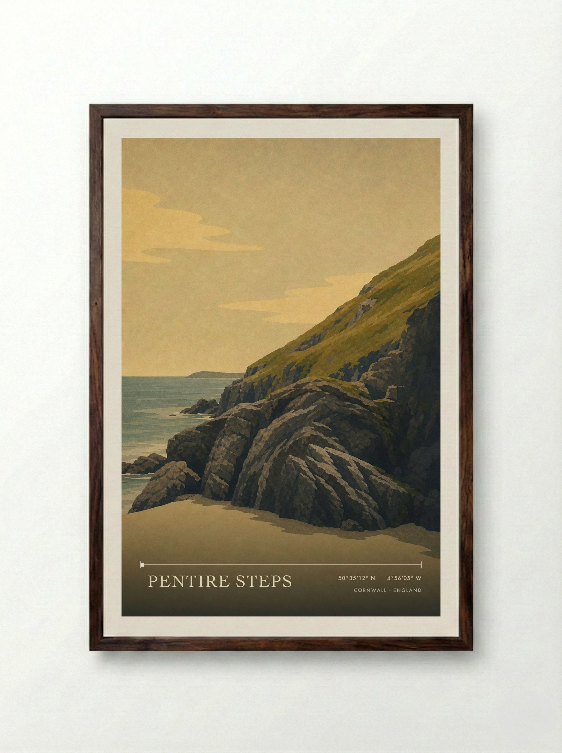 Pentire Steps Cornwall England Travel Poster - Framed Print Dark Wood