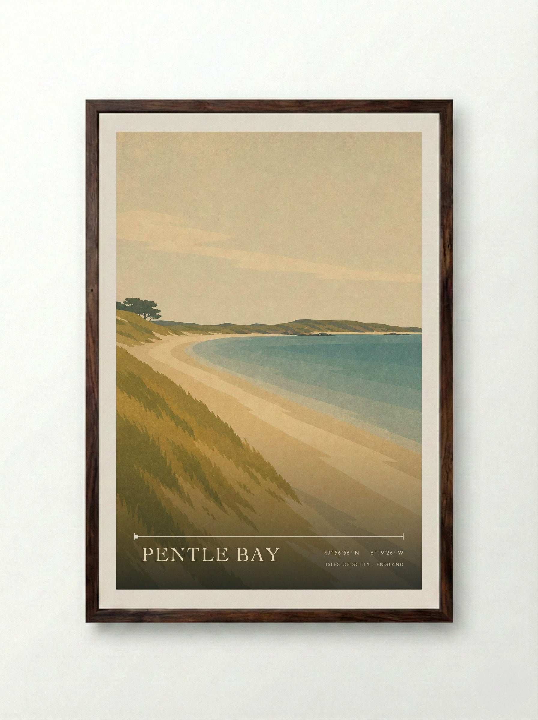 Pentle Bay Isles of Scilly England Travel Poster - Framed Print Dark Wood