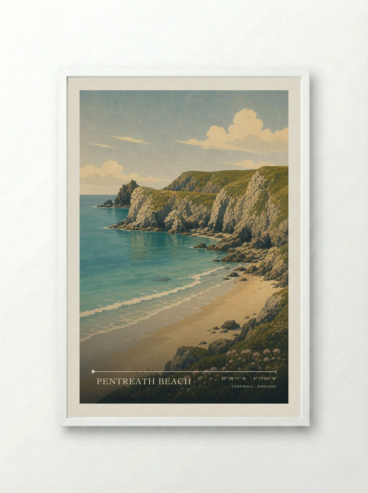 Pentreath Beach Cornwall England Travel Poster - Framed Print White
