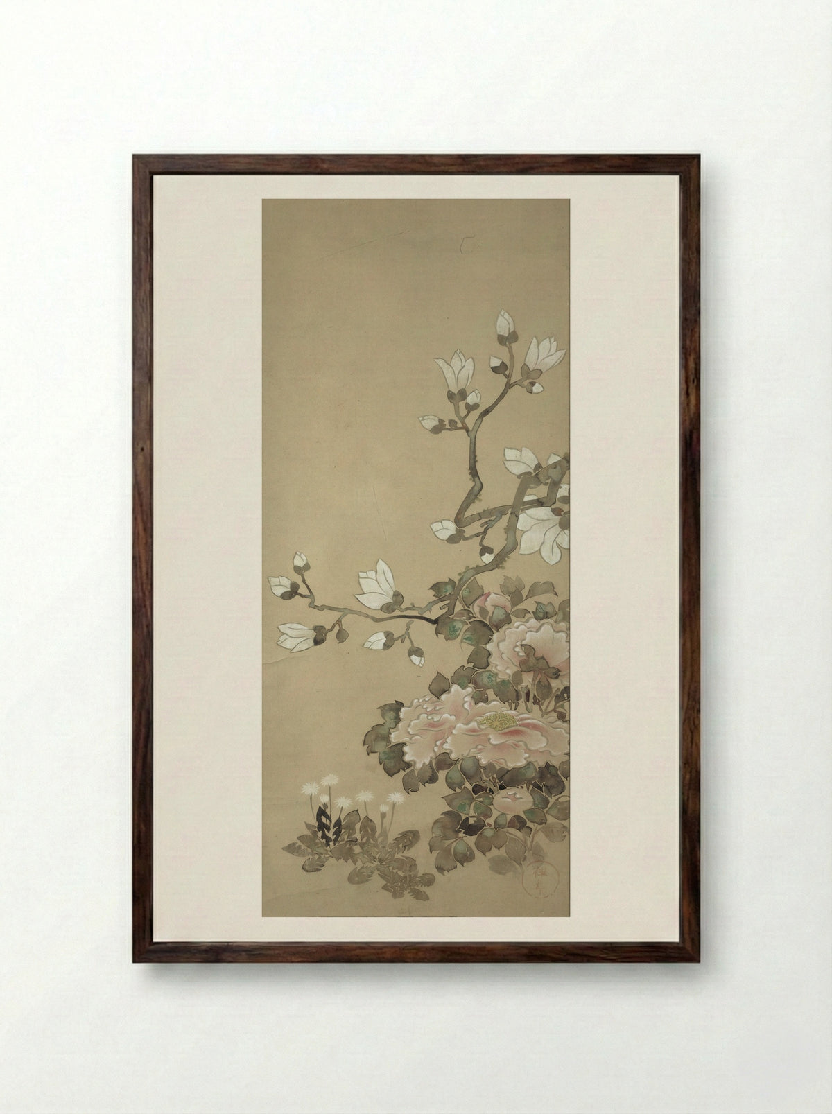 Peonies, Magnolia, and Dandelions - Tawaraya Sôtatsu - Framed Print Dark Wood