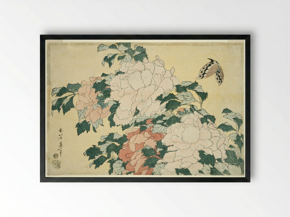 Peonies and Butterfly - Katsushika Hokusai - Framed Print Black