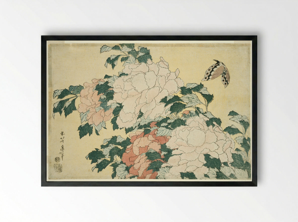 Peonies and Butterfly - Katsushika Hokusai - Framed Print Black