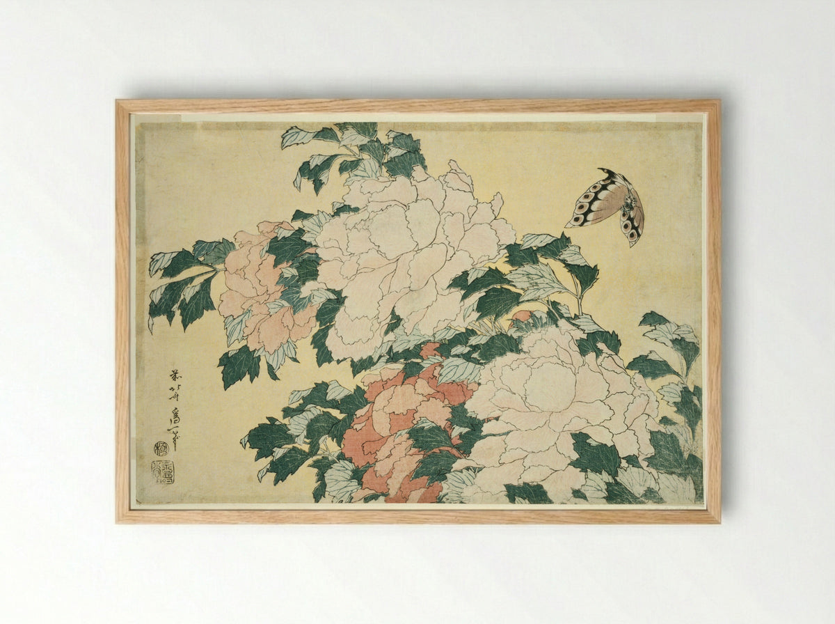 Peonies and Butterfly - Katsushika Hokusai - Framed Print Wood