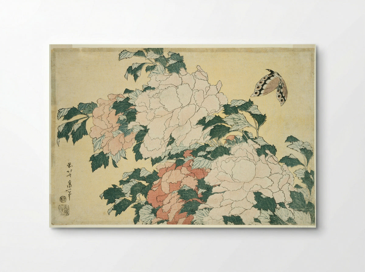 Peonies and Butterfly - Katsushika Hokusai - Poster