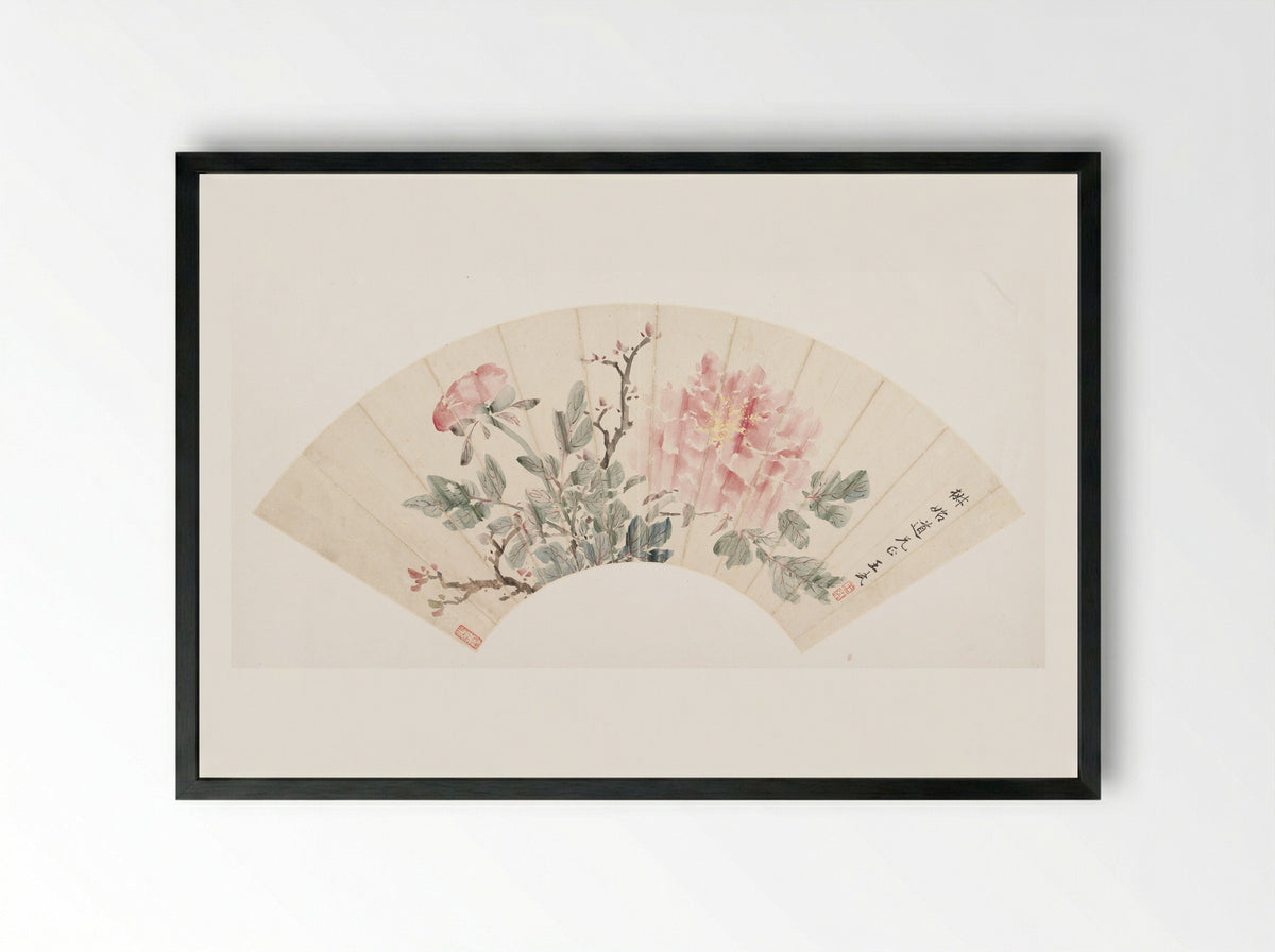 Peony (Fan Painting) - Wang Wu - Framed Print Black