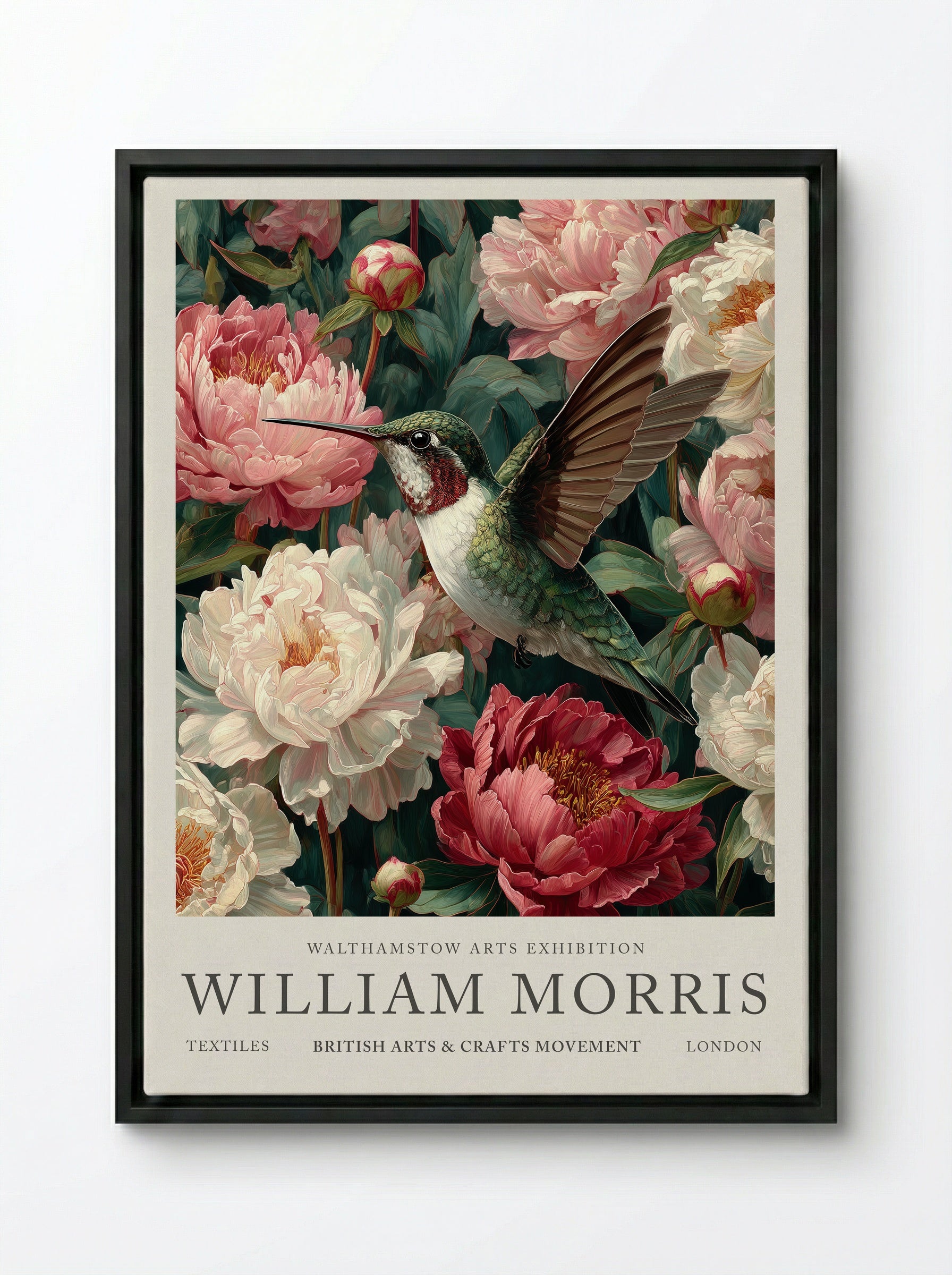 Peony Hummingbird Flight - William Morris - Framed Canvas Black