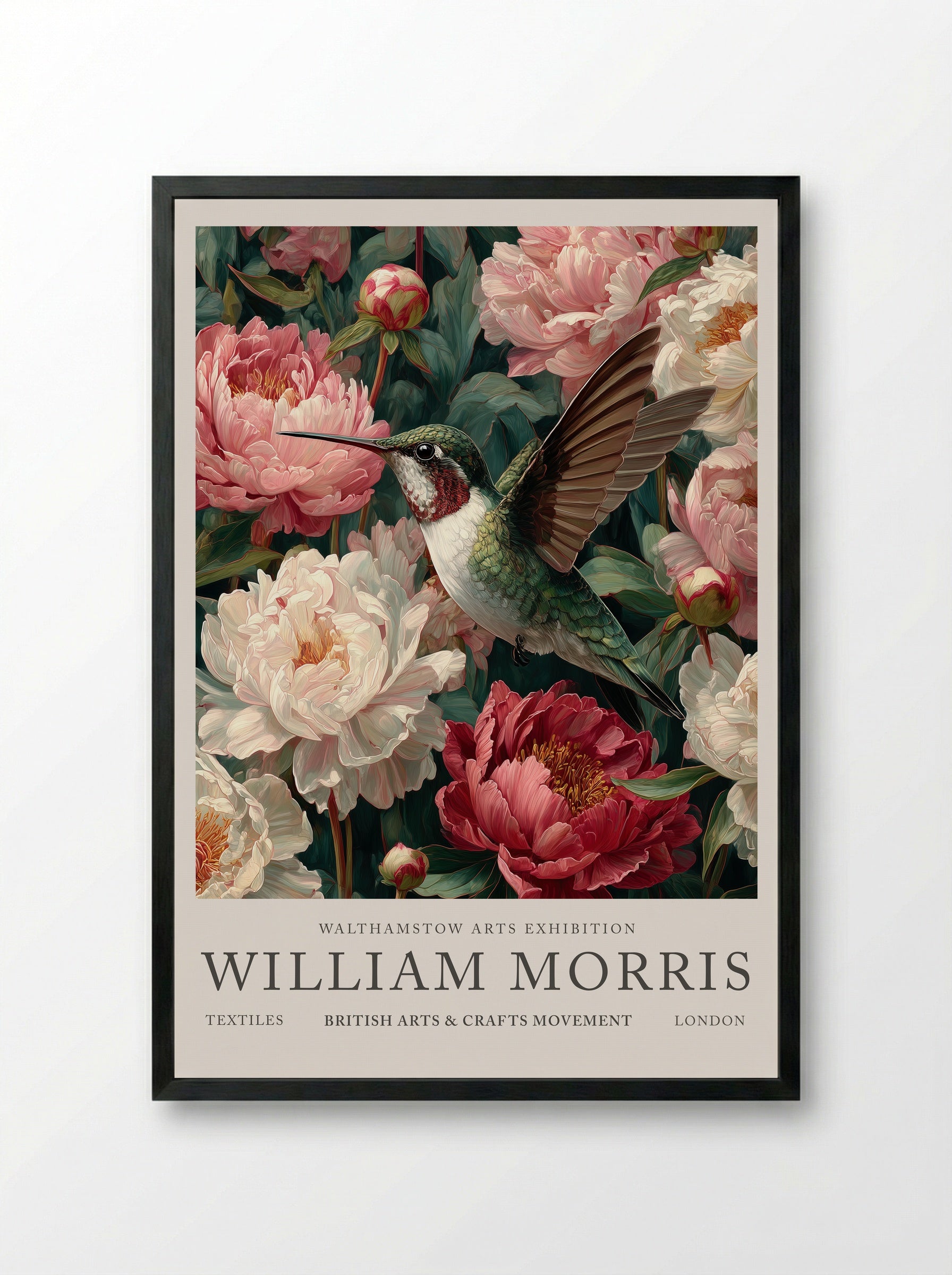 Peony Hummingbird Flight - William Morris - Framed Print Black