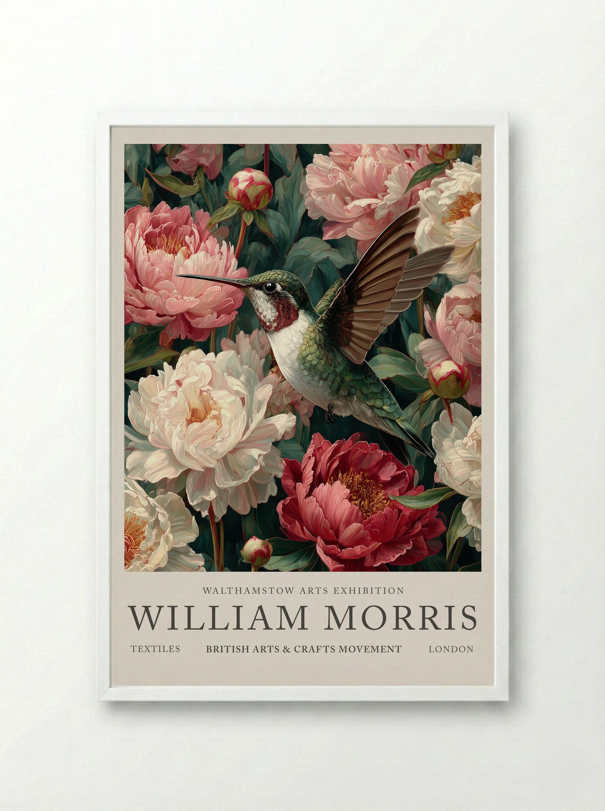 Peony Hummingbird Flight - William Morris - Framed Print White