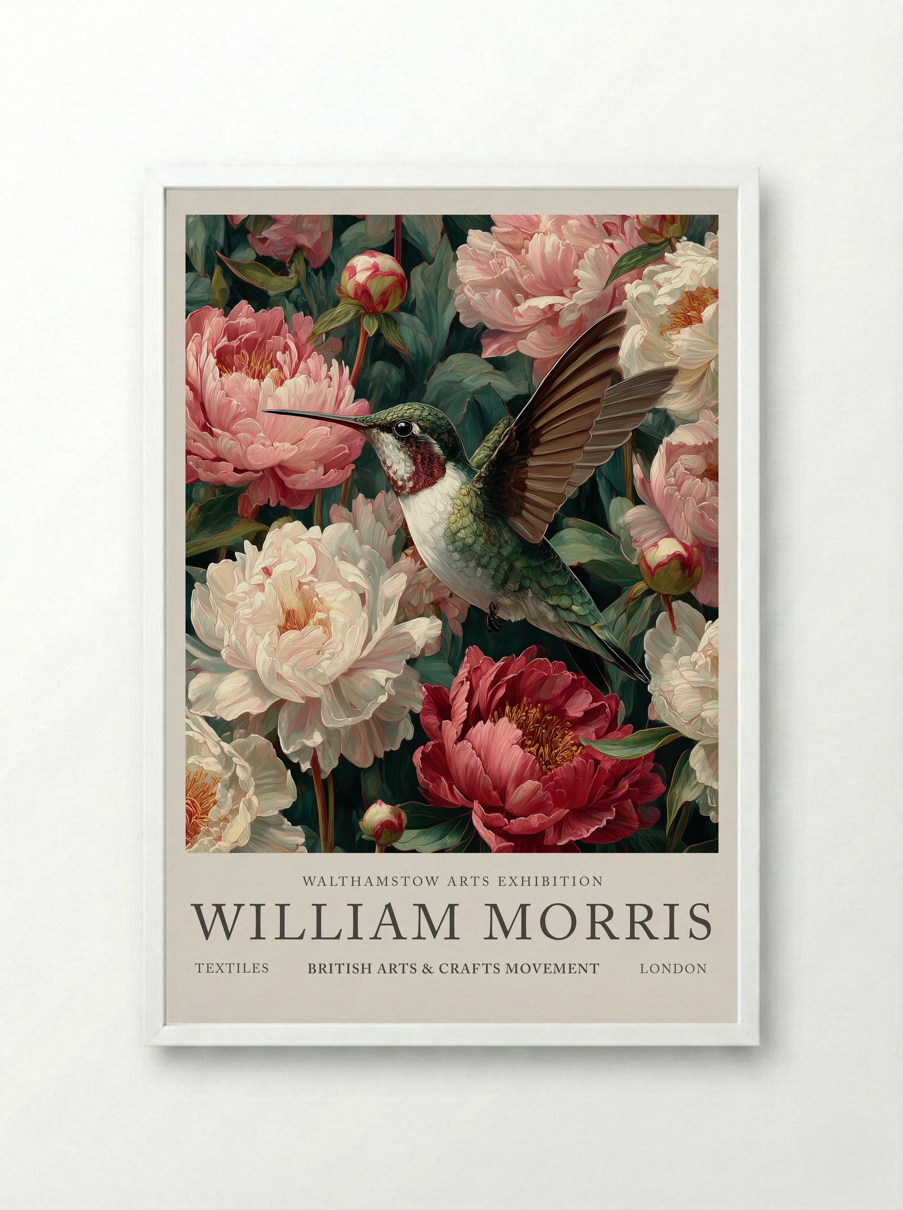 Peony Hummingbird Flight - William Morris - Framed Print White