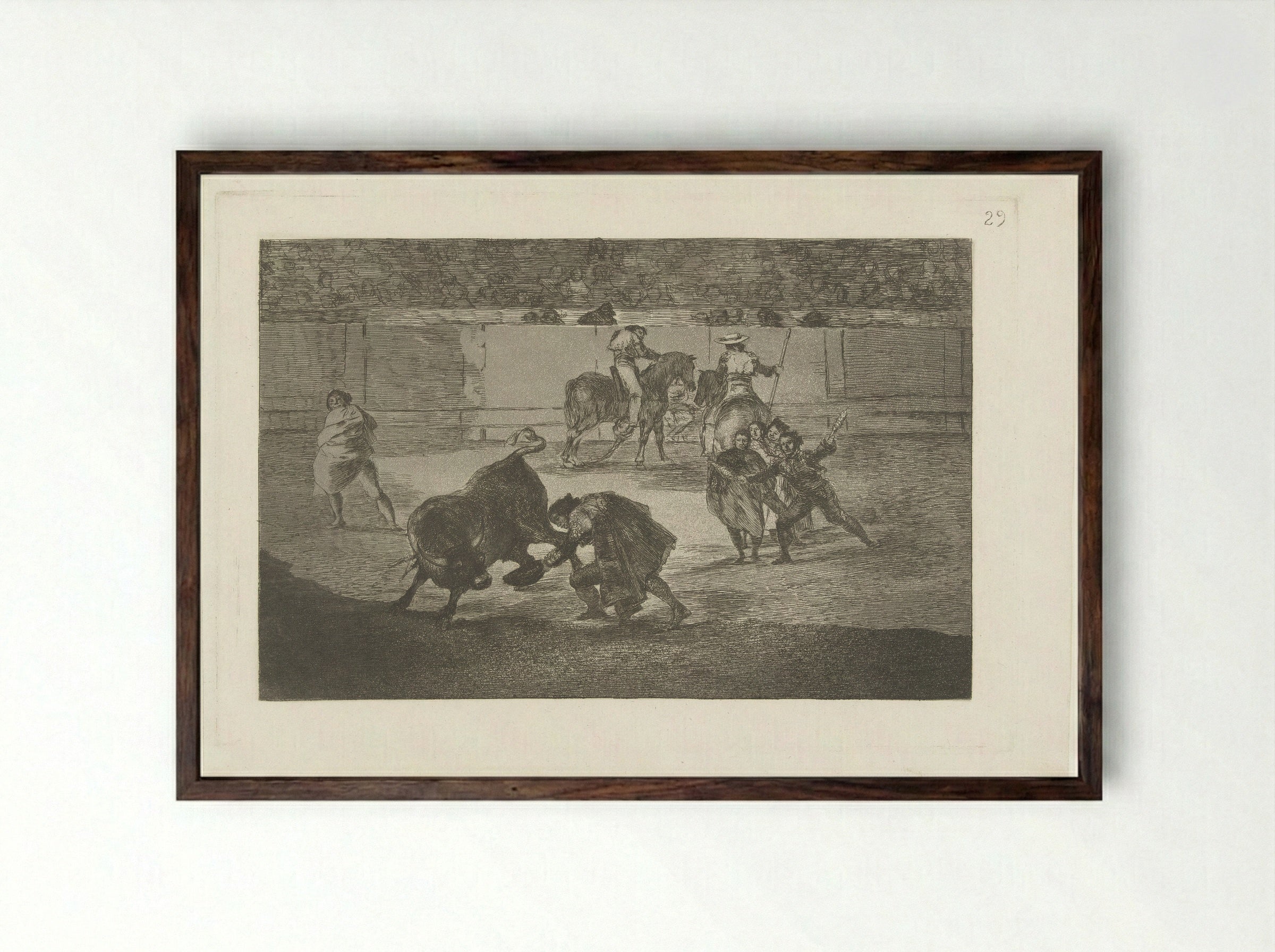 Pepe-Hillo Takes Off His Hat to the Bull - Francisco de Goya - Framed Print Dark Wood