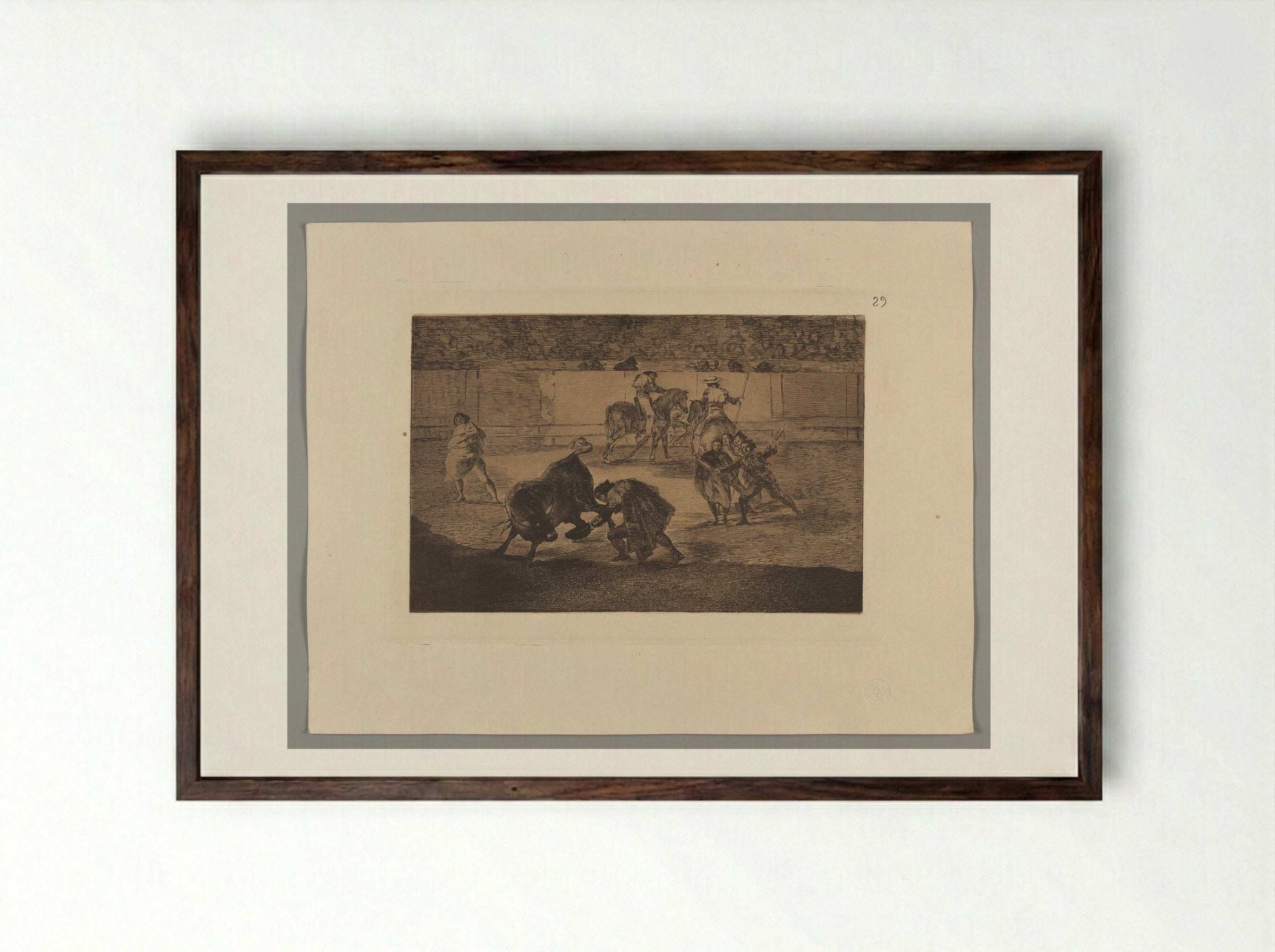Pepe Illo Making the Pass of the 'Recorte' - Francisco José de Goya y Lucientes - Framed Print Dark Wood