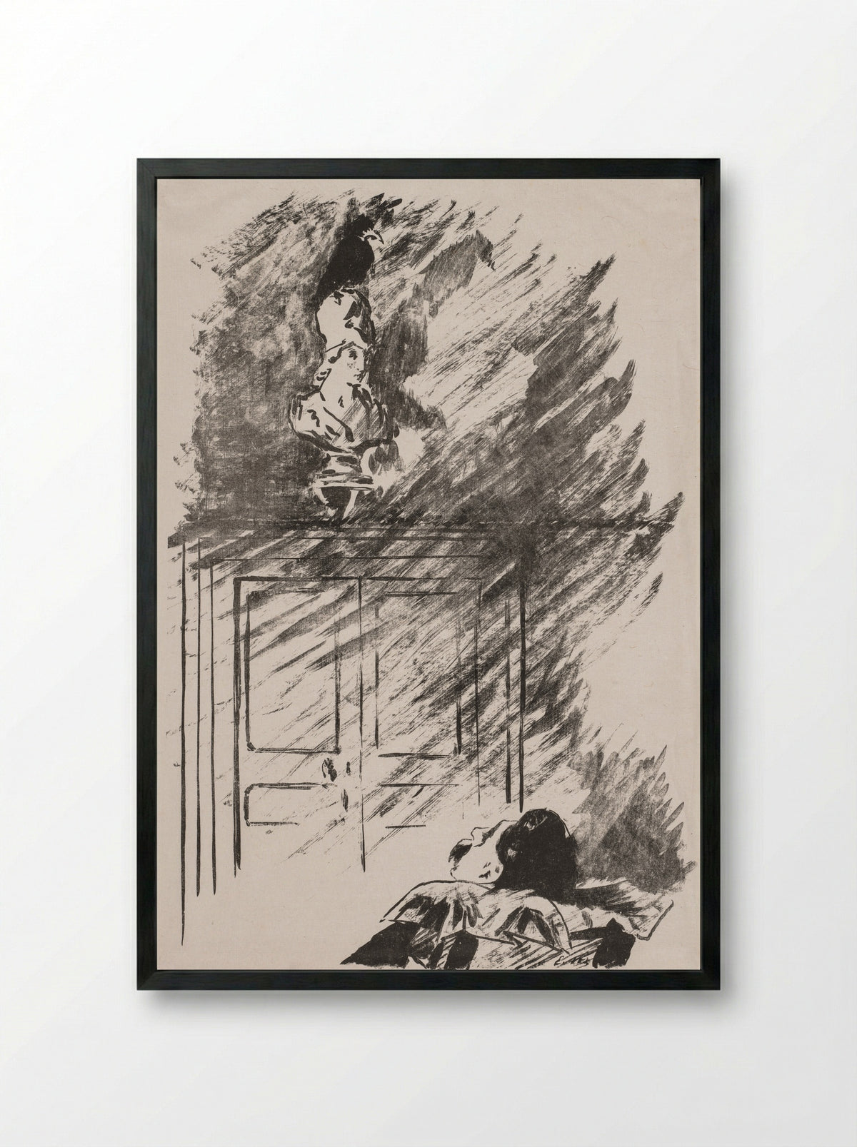 Perched upon a Bust of Pallas - Édouard Manet - Framed Print Black