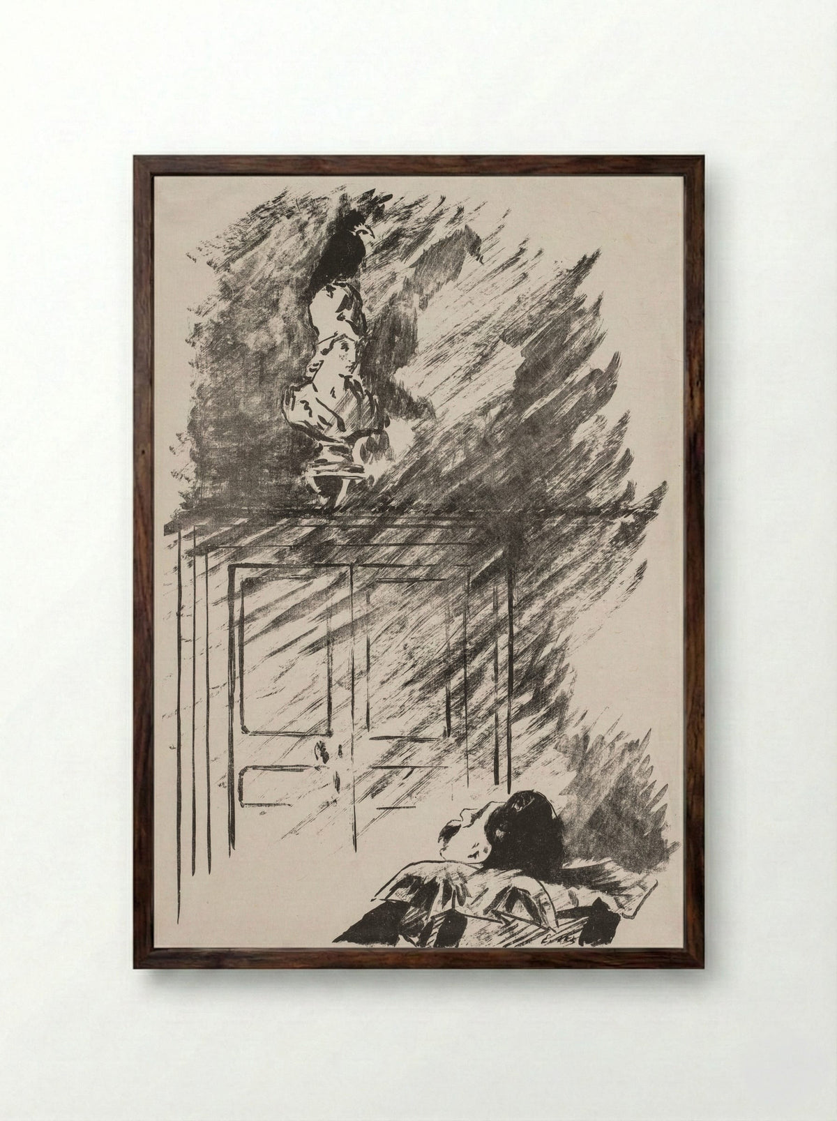 Perched upon a Bust of Pallas - Édouard Manet - Framed Print Dark Wood
