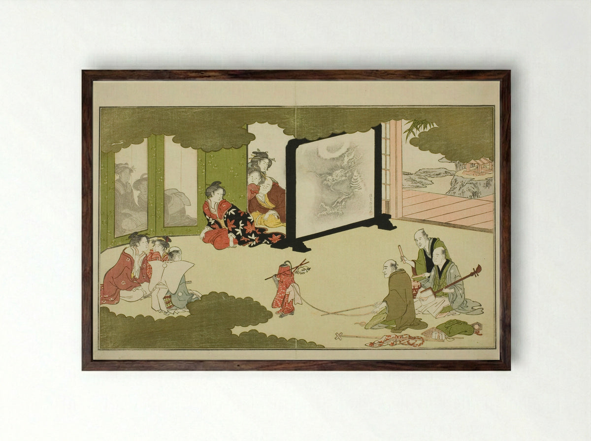 Performance of a Trained Monkey - Kitagawa Utamaro - Framed Print Dark Wood