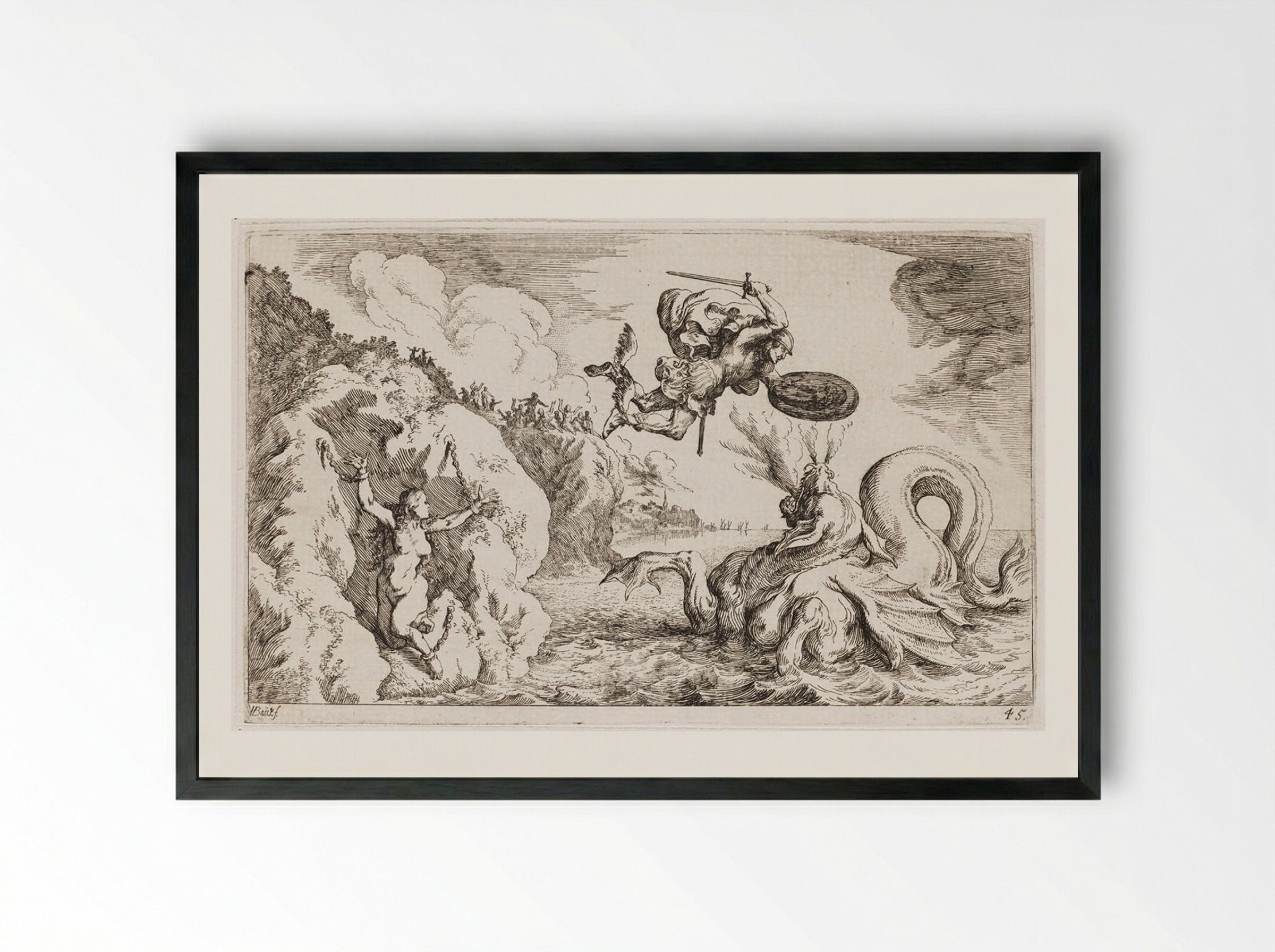 Perseus Delivers Andromeda from the Sea Monster - Johann Wilhelm Baur - Framed Print Black