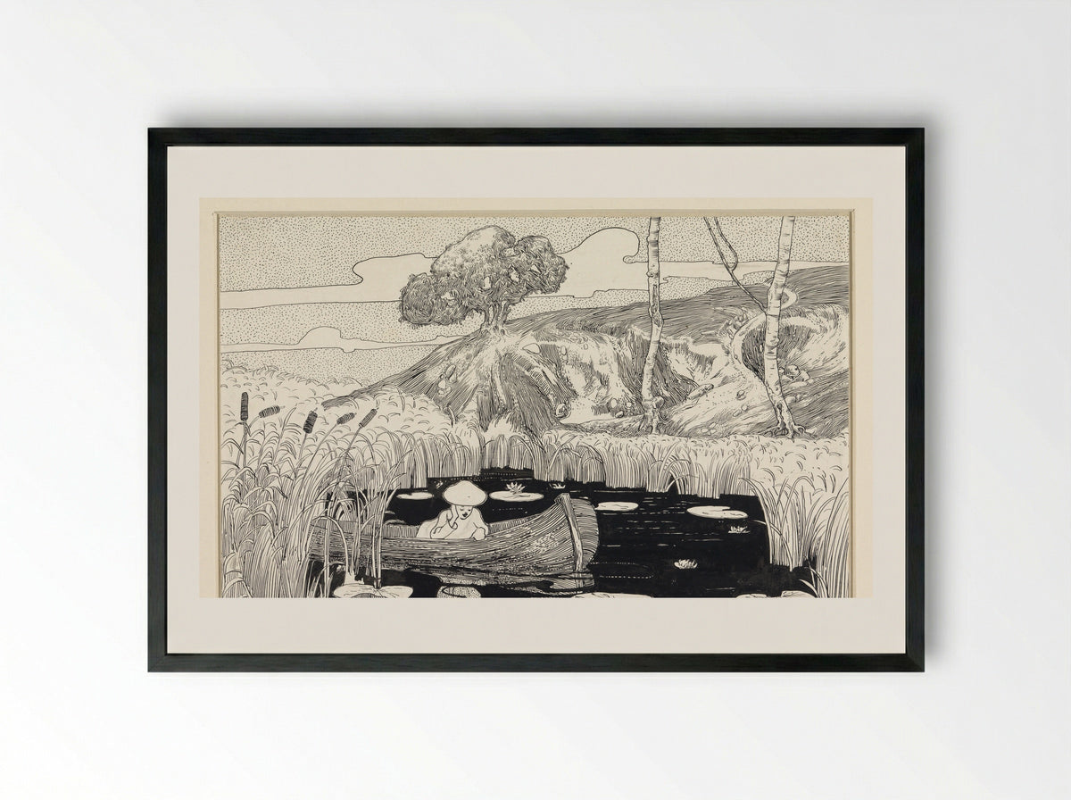 Person in a Boat on a Lily Pond - C. Lapine - Framed Print Black