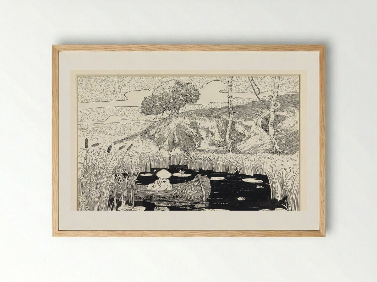 Person in a Boat on a Lily Pond - C. Lapine - Framed Print Wood