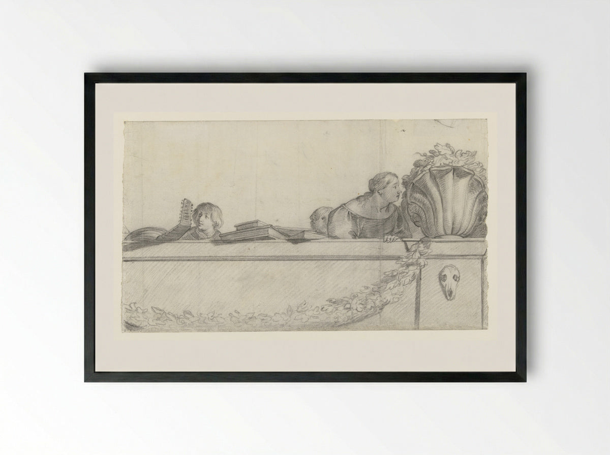 Personen op een balustrade met festoenen - Cornelis Holsteyn - Framed Print Black