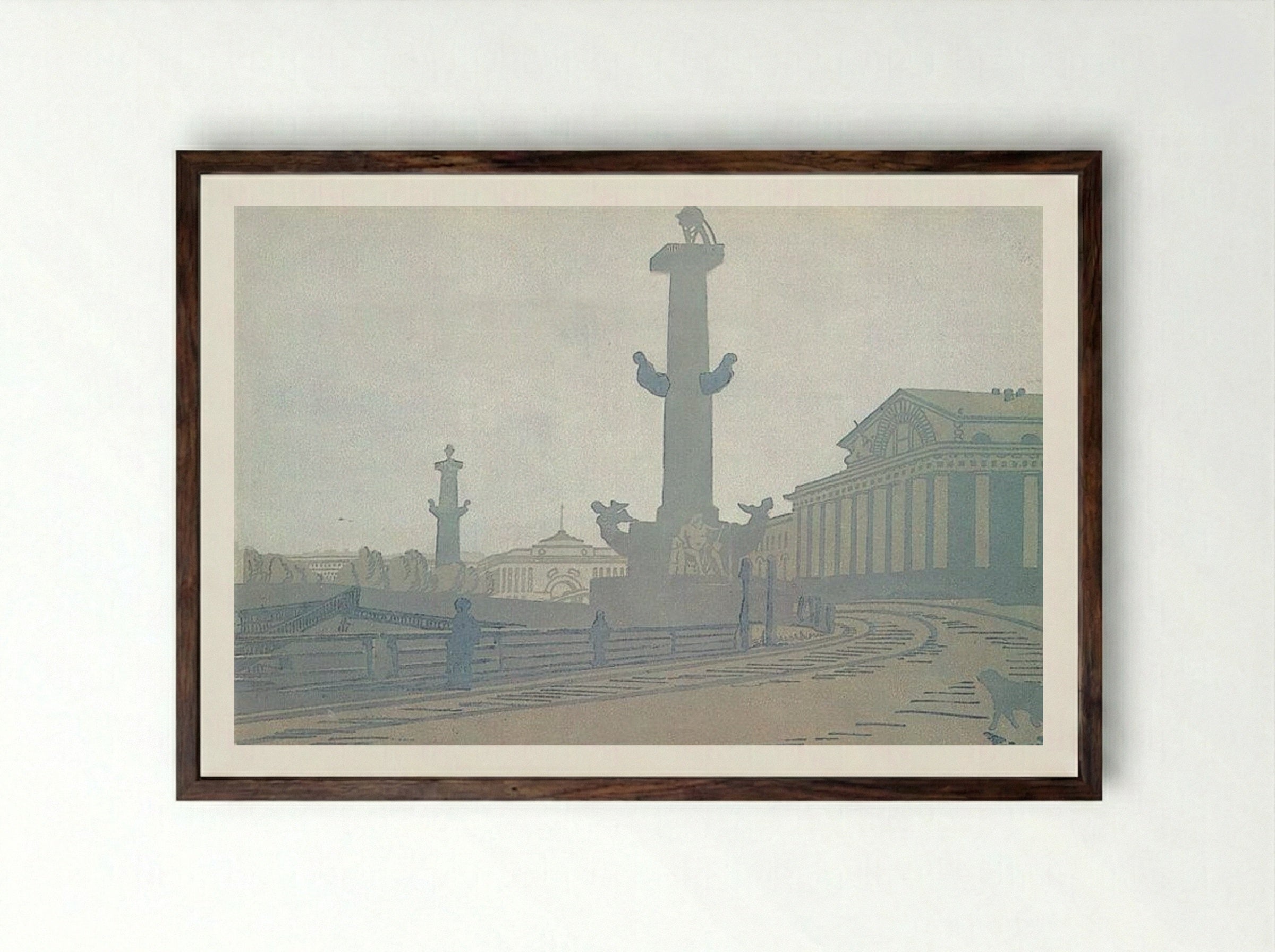 Petersburg. Rostral column and Exchange - Anna Ostroumova-Lebedeva - Framed Print Dark Wood