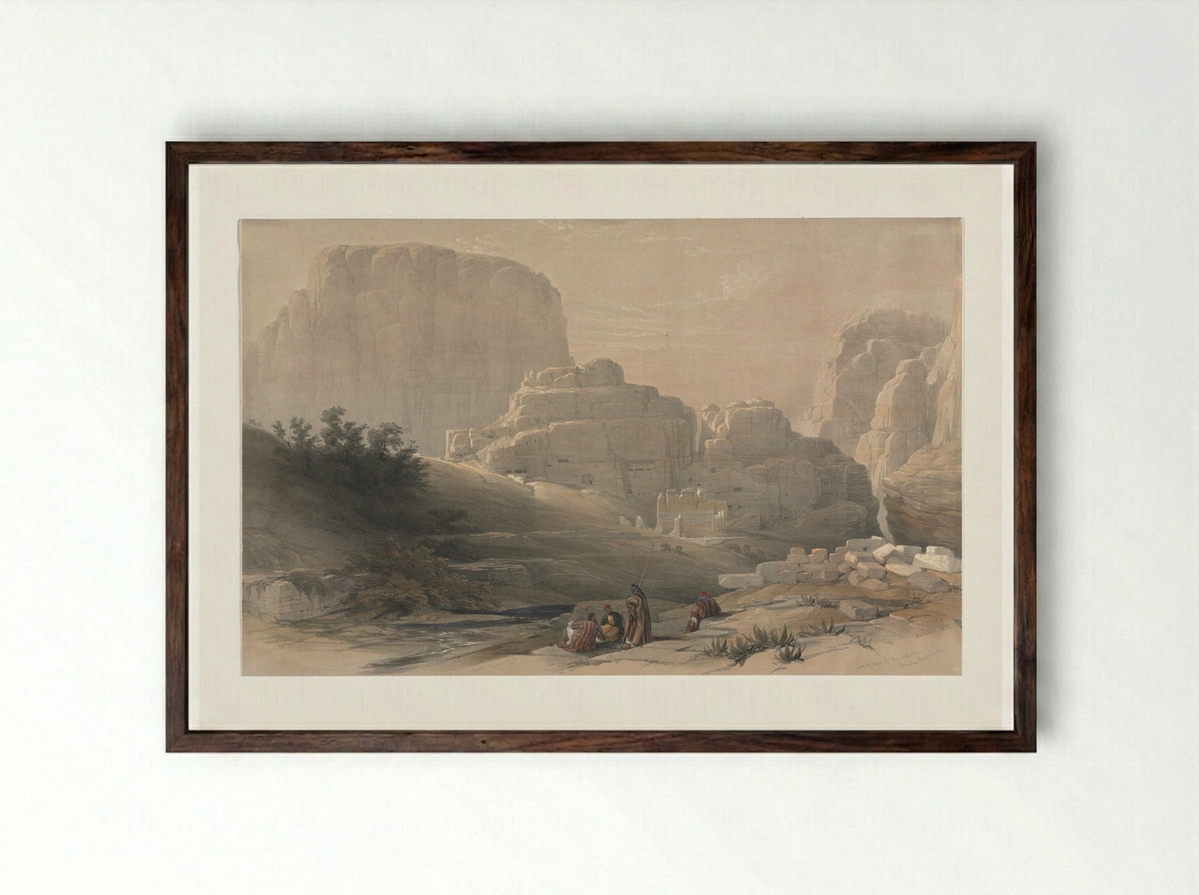 Petra, Lower End of the Valley, Viewing the Acropolis - David Roberts - Framed Print Dark Wood