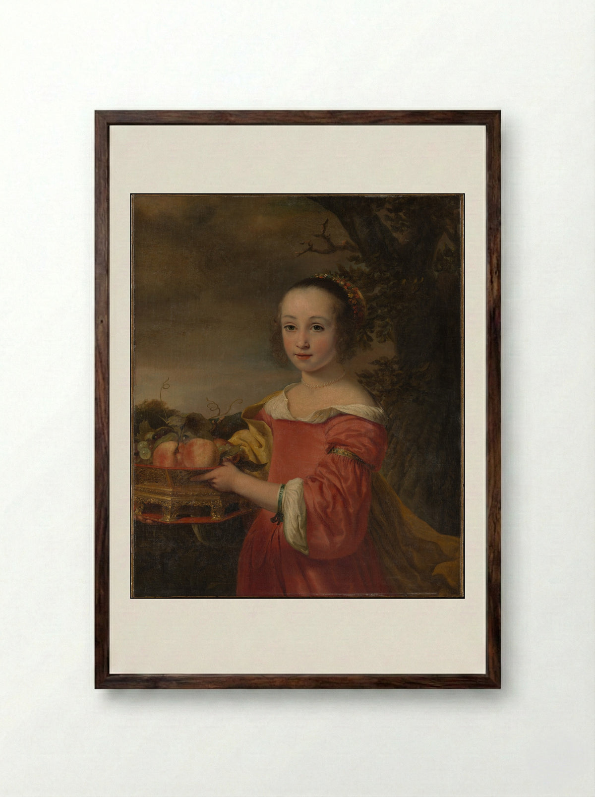 Petronella Elias with a Basket of Fruit - Ferdinand Bol - Framed Print Dark Wood