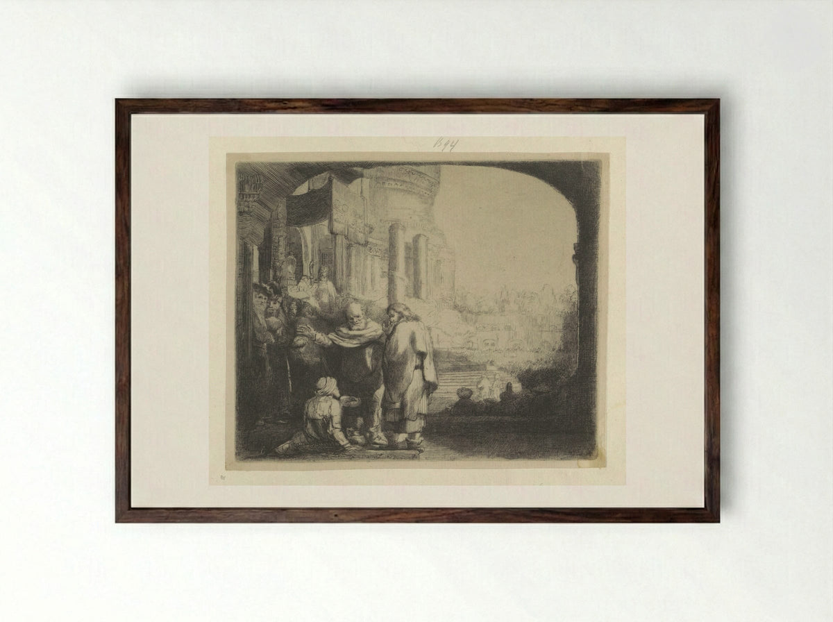 Petrus en Johannes genezen een verlamde man bij de tempelpoort - Henry Louis Basan - Framed Print Dark Wood