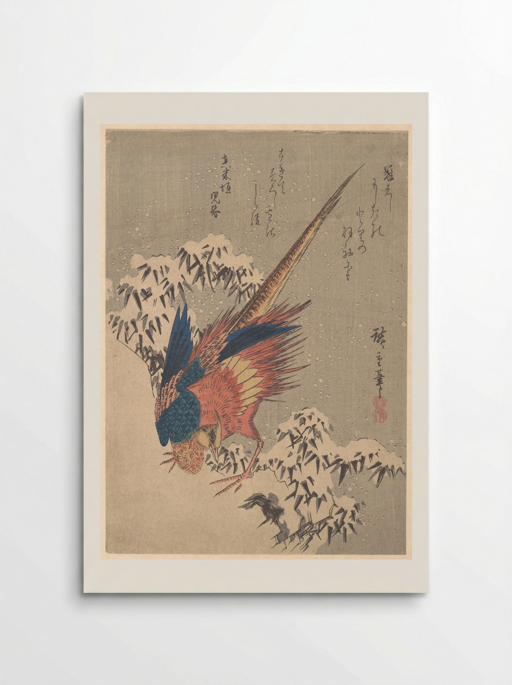 Pheasant Among Snow-laden Bamboo on Hillside - Utagawa Hiroshige - Poster