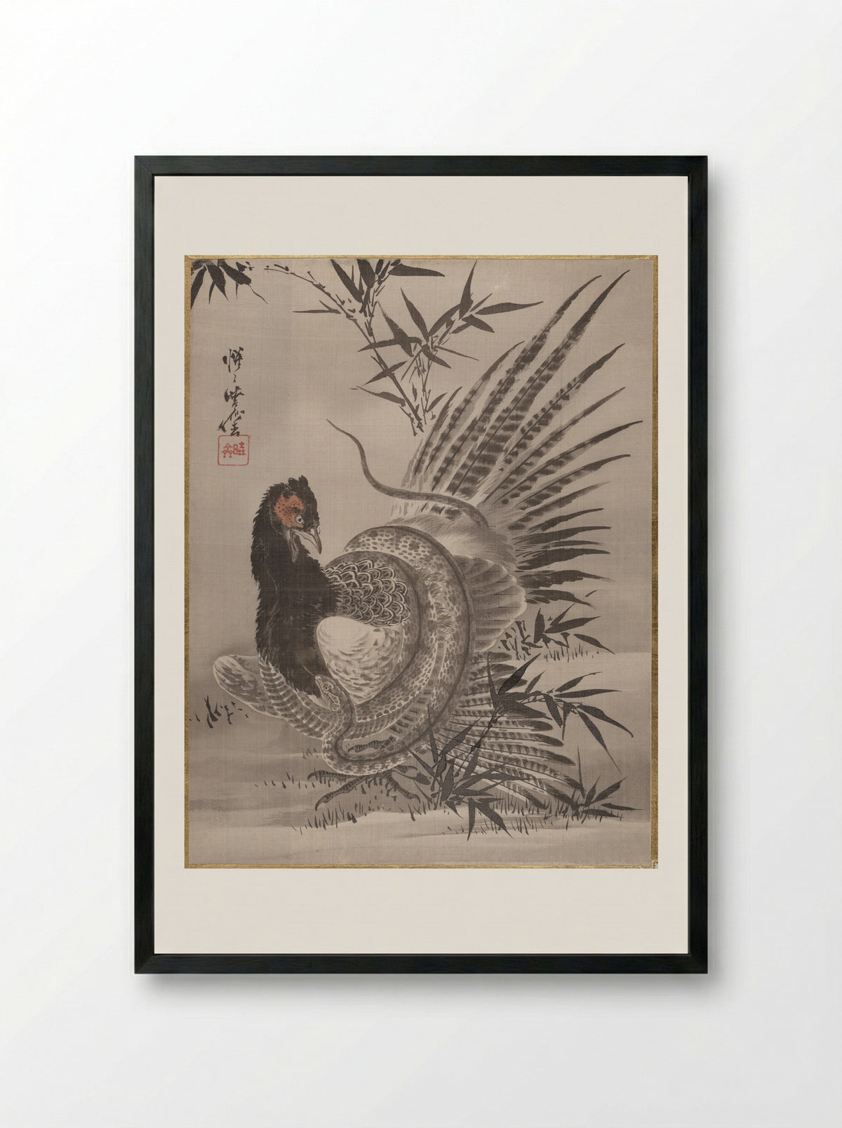 Pheasant Caught by a Snake - Kawanabe Kyōsai - Framed Print Black
