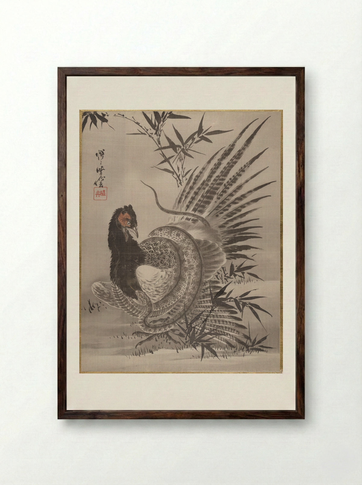 Pheasant Caught by a Snake - Kawanabe Kyōsai - Framed Print Dark Wood