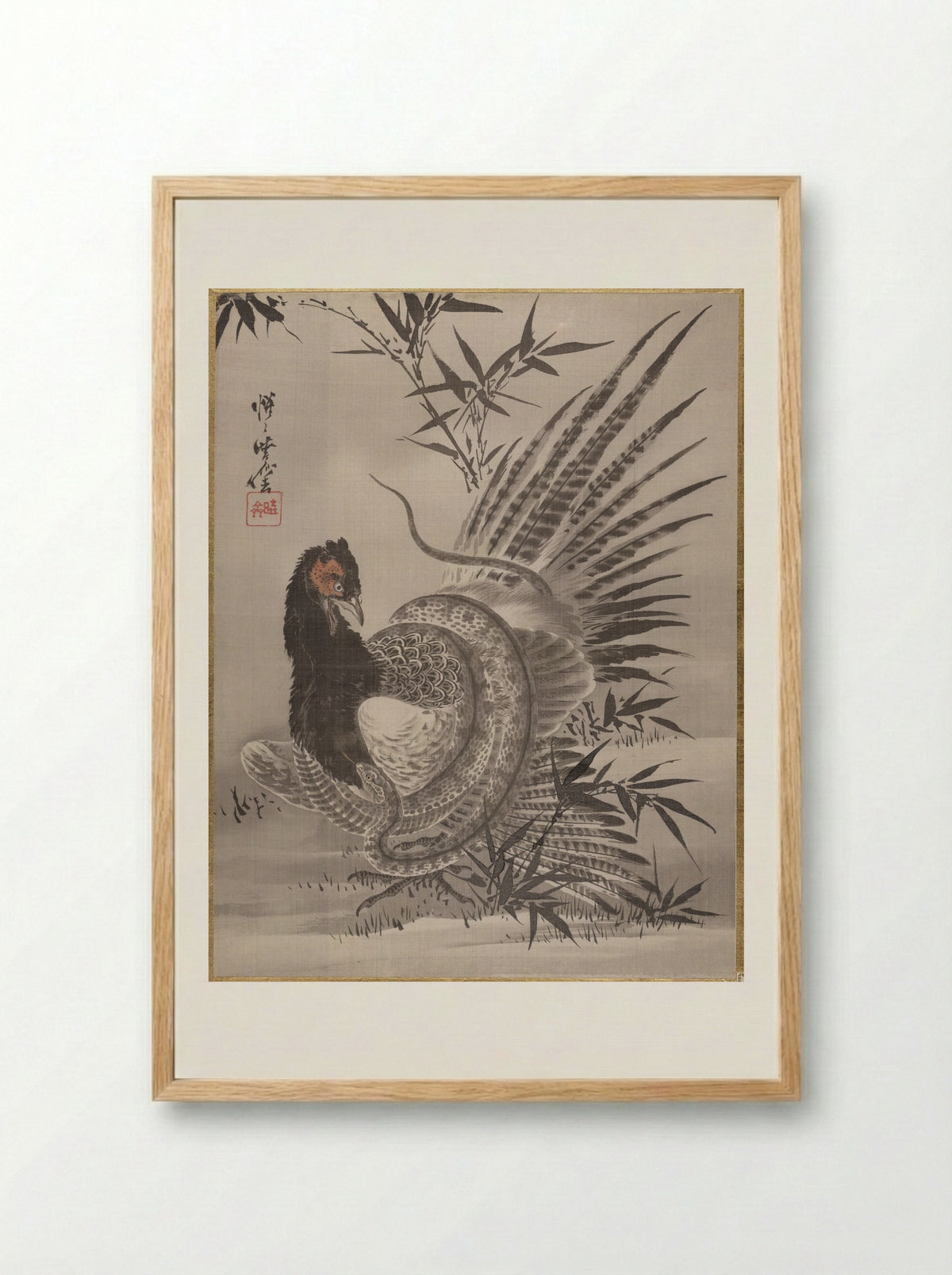Pheasant Caught by a Snake - Kawanabe Kyōsai - Framed Print Wood