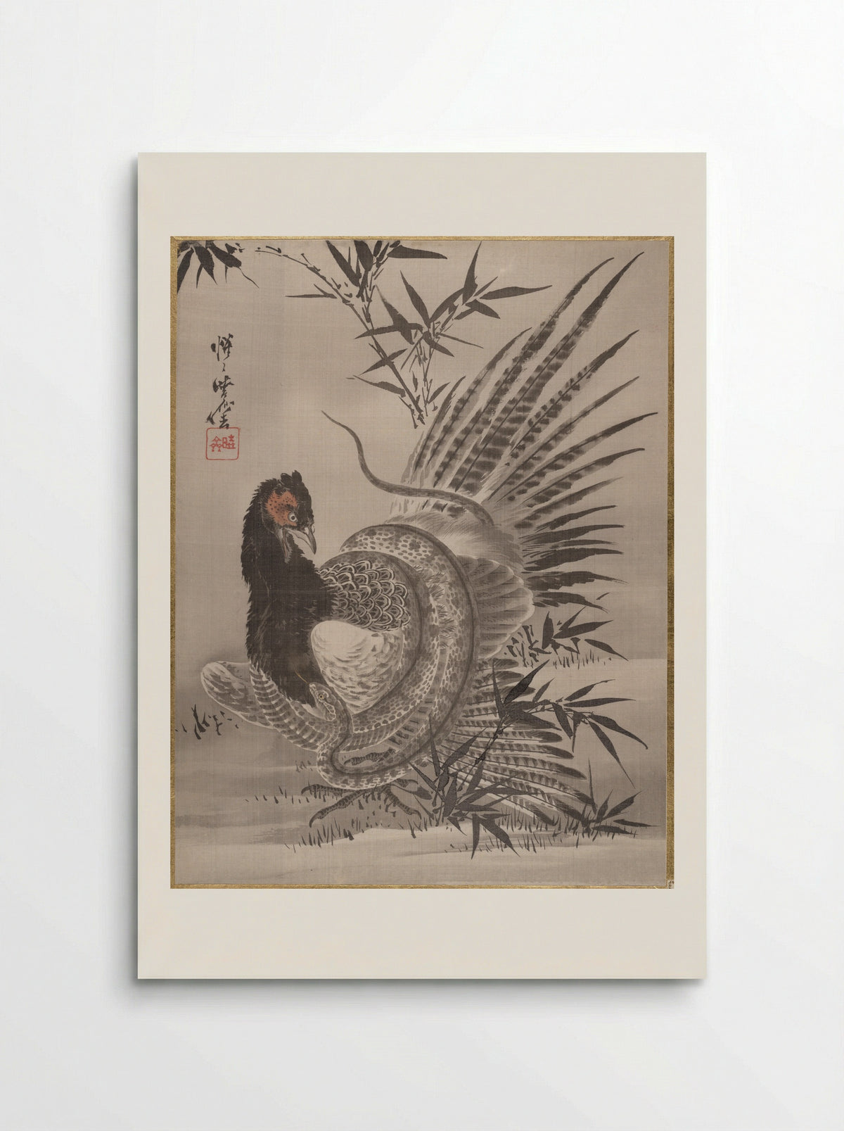 Pheasant Caught by a Snake - Kawanabe Kyōsai - Poster